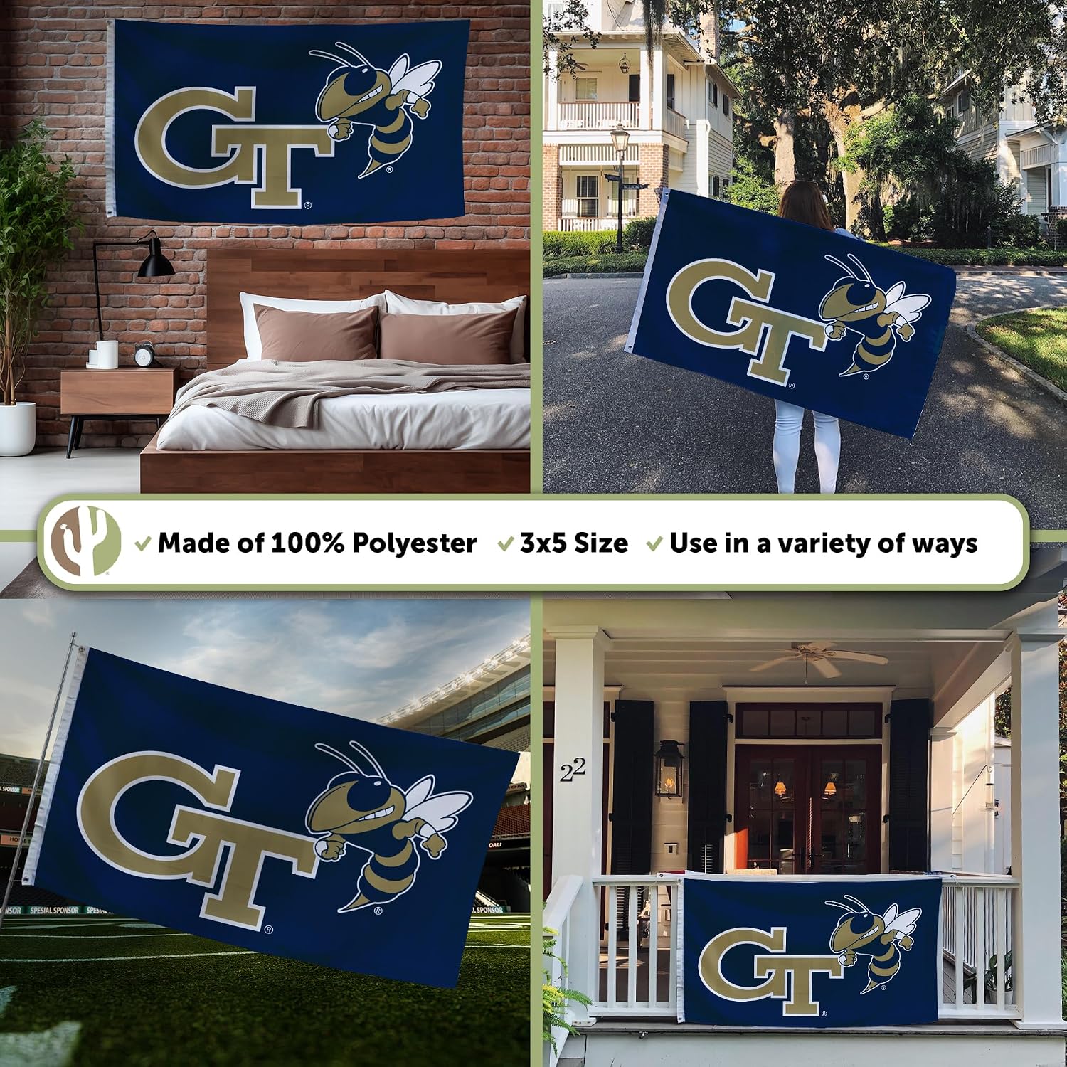 Desert Cactus Georgia Tech GT Flag - 3 x 5 Feet Yellow Jackets Banner, Indoor/Outdoor Durable Fabric, 100% Polyester Design (Style X)