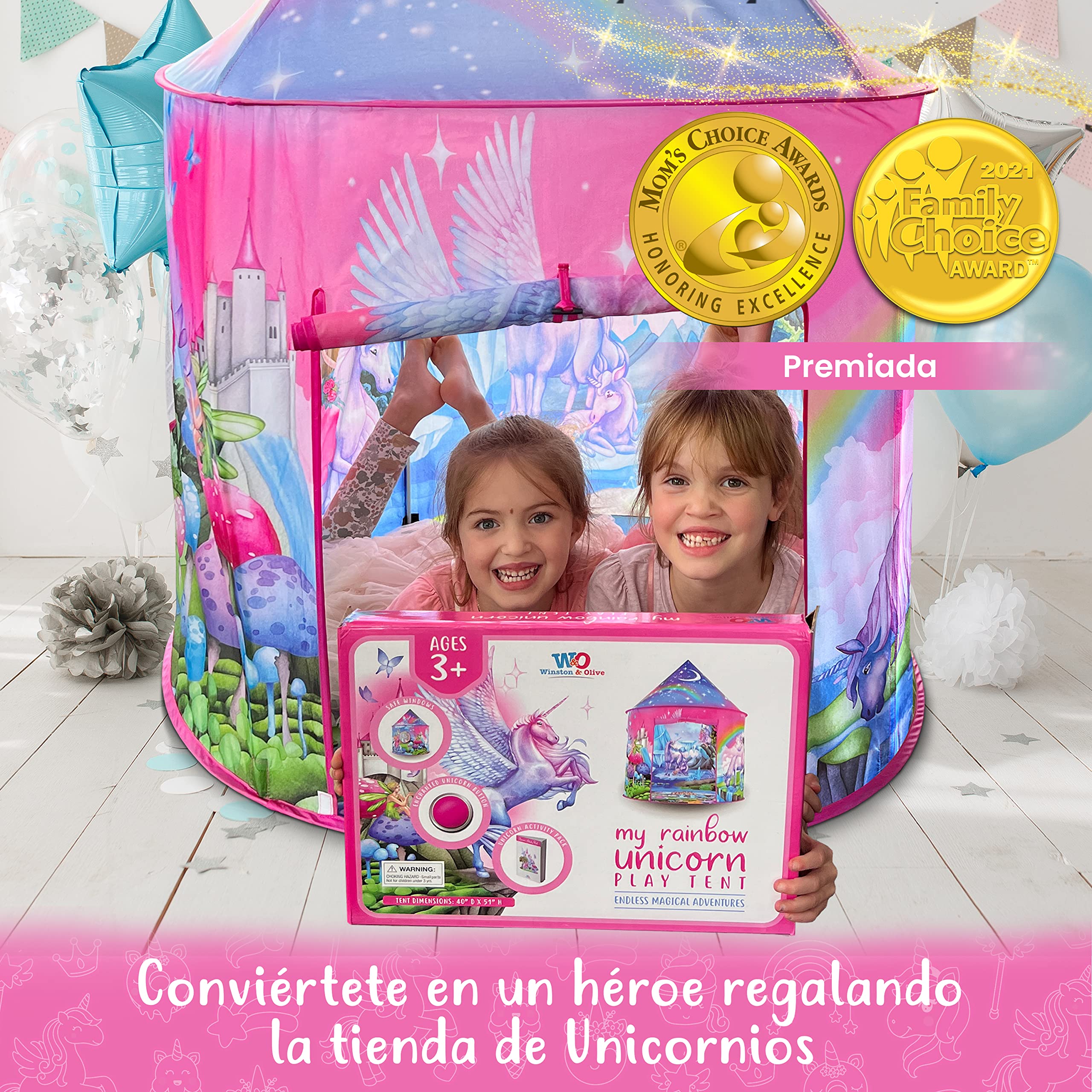 W&O Tienda de campaña de Unicornio arcoíris para niñas con sonidos mágicos y juguetes de unicornio, tienda de princesa para niñas