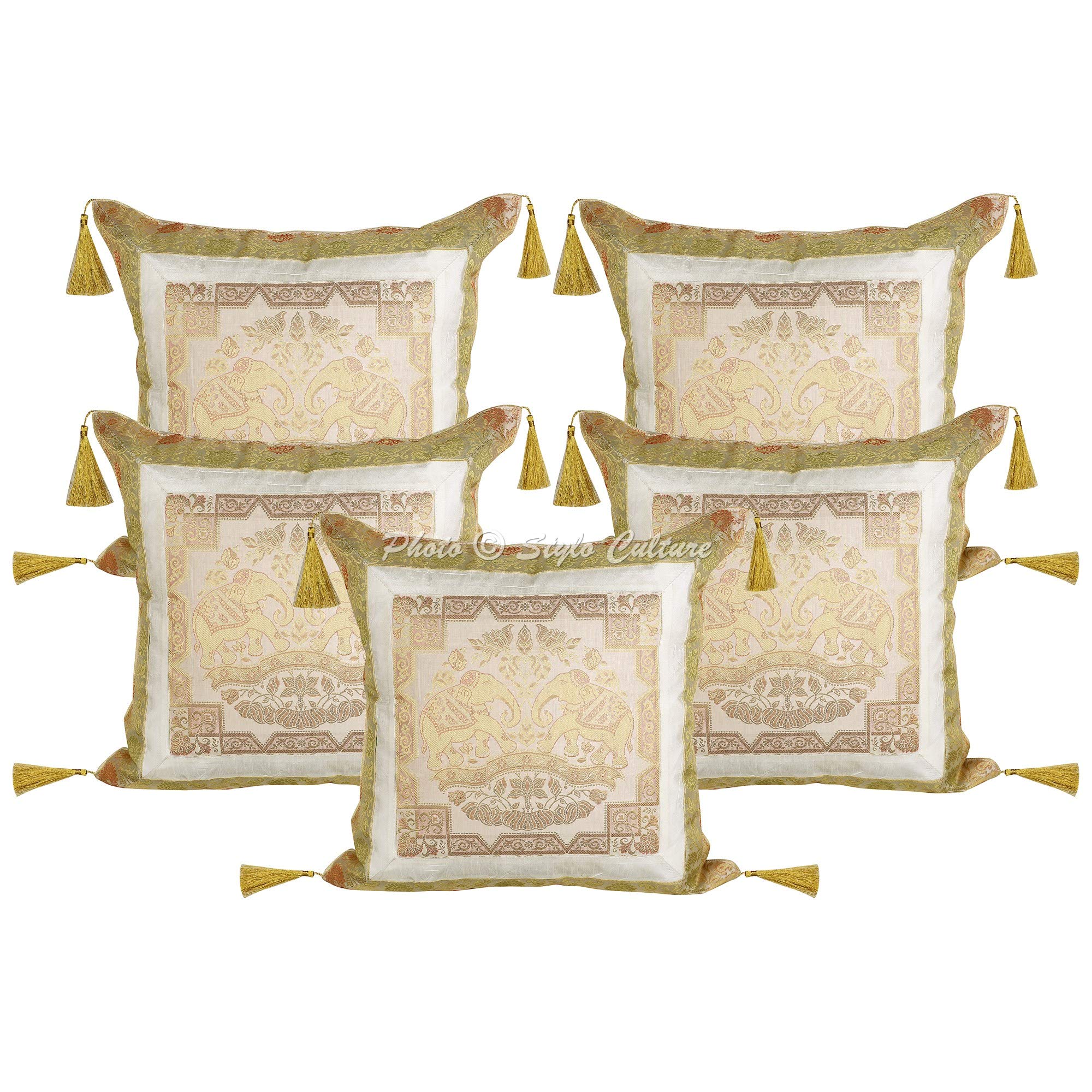 Stylo CultureEthnic Bohemian Throw Pillow Cushion Covers White 18x18 Inch Gold Jacquard Weave Tassels 45x45 cm Brocade Decorative Elephant Floral Zippered Christmas Cushion Covers | Set Of 5