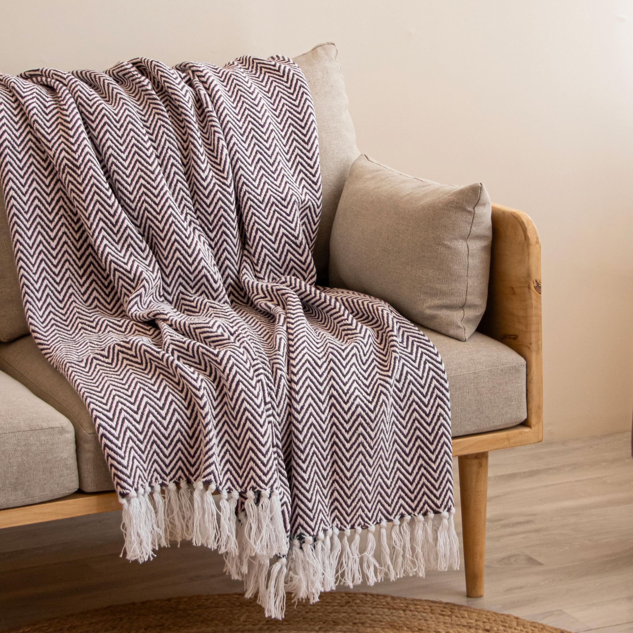 HOMEMONDE Cotton Throw 50 X 60 Inches Decorative Living Room Couch and Sofa Knitted Blanket with Tassels Chevron, (Brown - 127 X 152 Cm, 200 Tc)