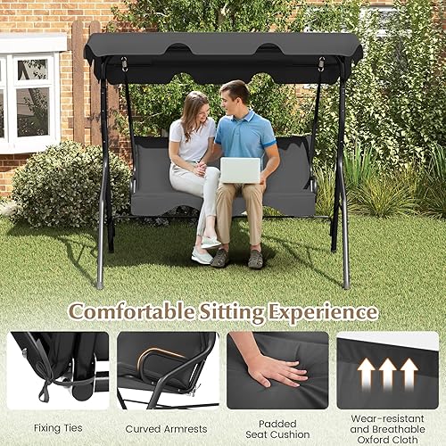 Miniatura 6 de RELAX4LIFE Silla columpio para porche para 3 personas, columpio para exteriores con toldo ajustable, cojín extraíble y soporte de marco de metal,