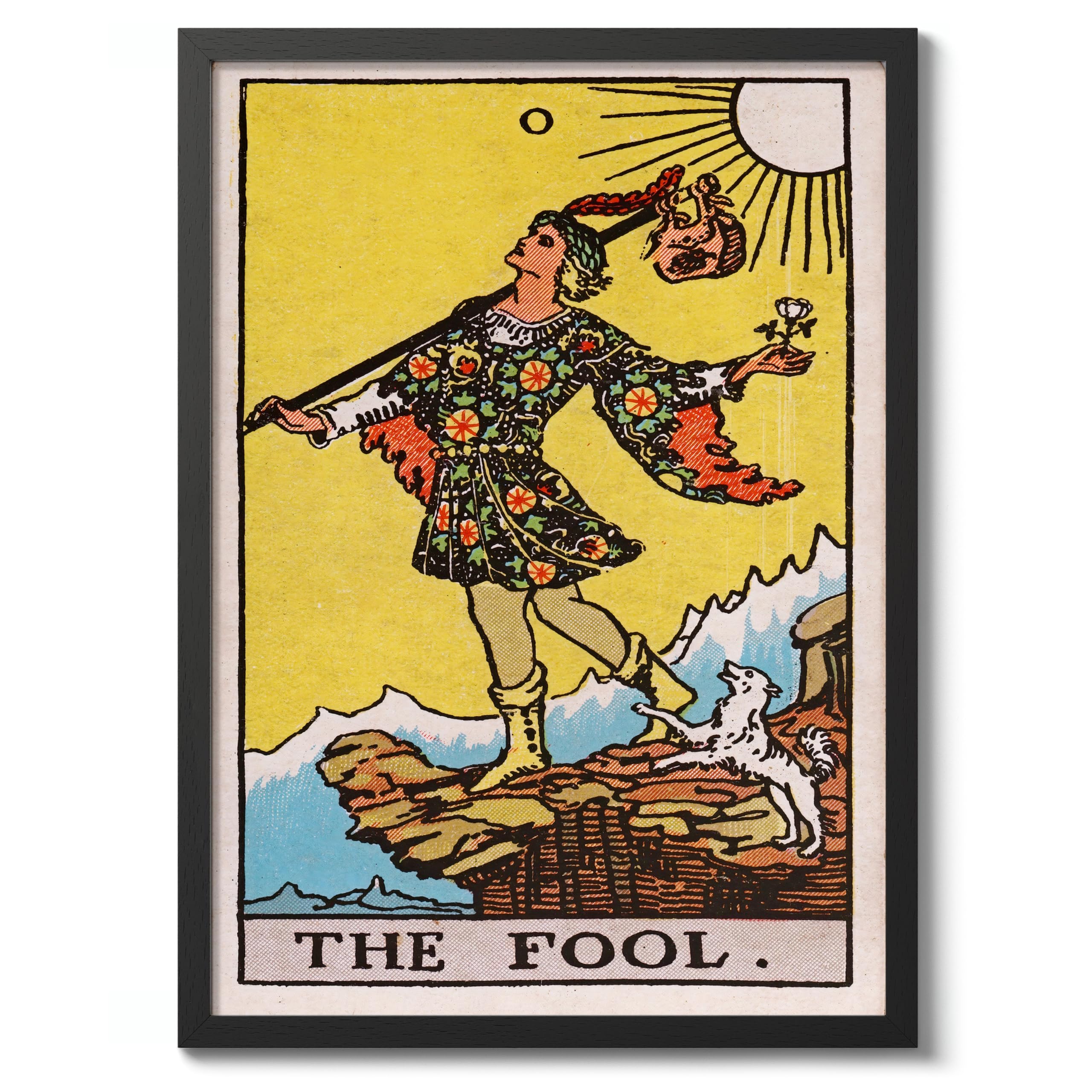 The Fool Vintage Tarot Art Print, Spiritual Wall Art Poster, Retro Mystical Bedroom Home Decor, A3 (Black Frame) - 45x32.8cm