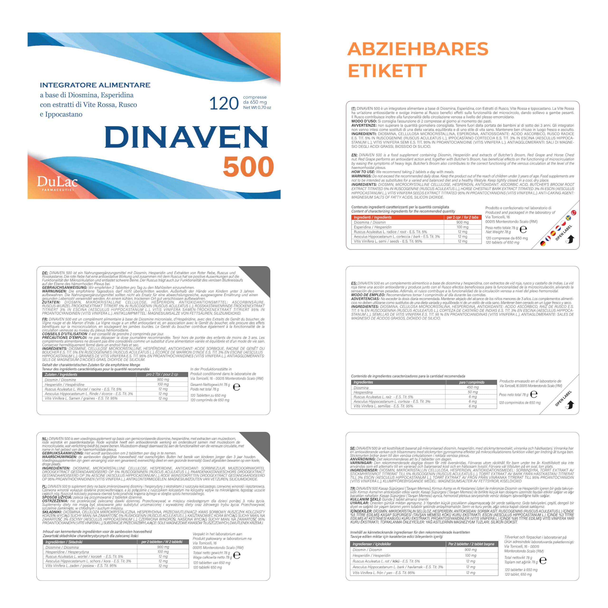 Dulac – Dinaven 500, Nahrungsergänzung für Schwere und Geschwollene Beine, 120 Tabletten, für Venen und Lymphdrainage Beine, Ideal bei Krampfadern, mit Diosmin und Hesperidin, Made in Italy