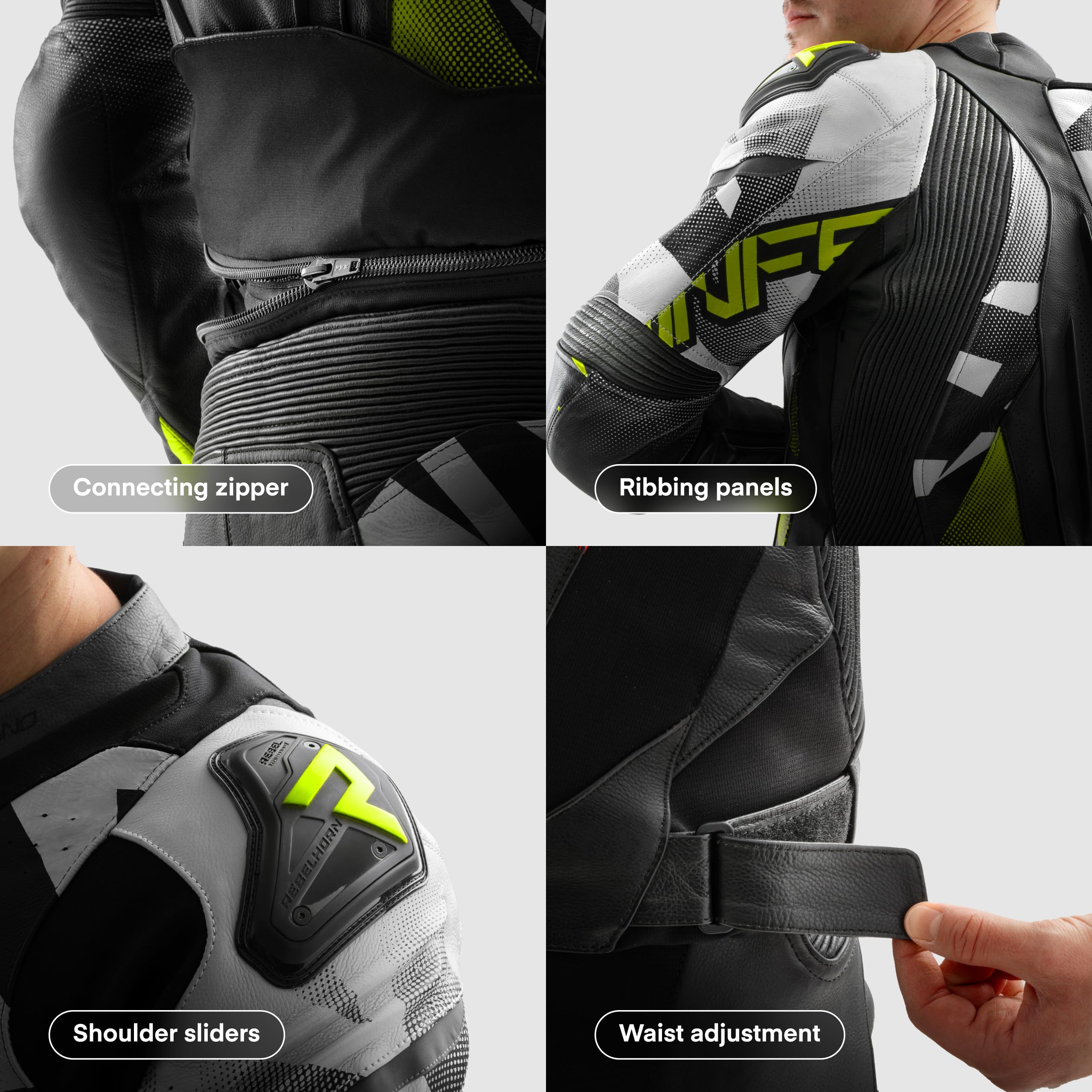 REBELHORN Inferno Motorradjacke Herren | Leder | Ellbogen, Schulter und Rückenprotektor RE ZRO Stufe 2 | Schulterschleifer | In&Out Winddicht Weste | Belüftungspaneele | Größen bis 62