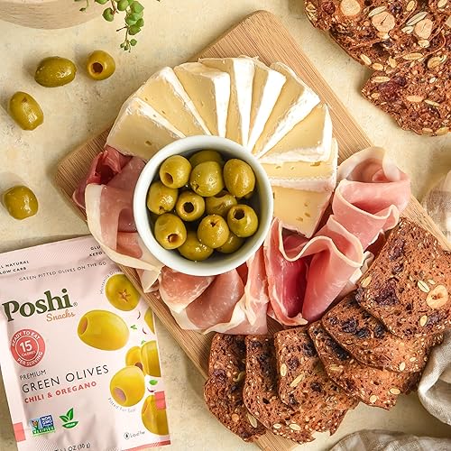Vista 60 de Poshi Olives + Veggies Variedad de aceitunas enteras sin hueso de 4 sabores Poshi 4 sabores Vegano, Kosher, sin gluten + Snacks saludables