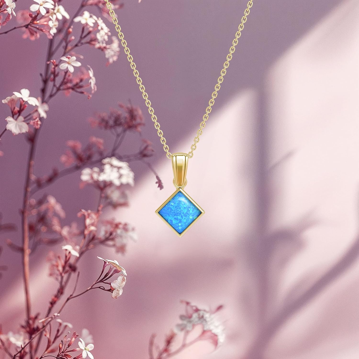 14K Gold Plated Pendant Blue Opal Necklace - 6x6mm Square October Birthstone - 45cm Gold Plated Silver Cable Chain - Opal Jewelry for Women - Ideal Gift for Loved Ones - Image 4