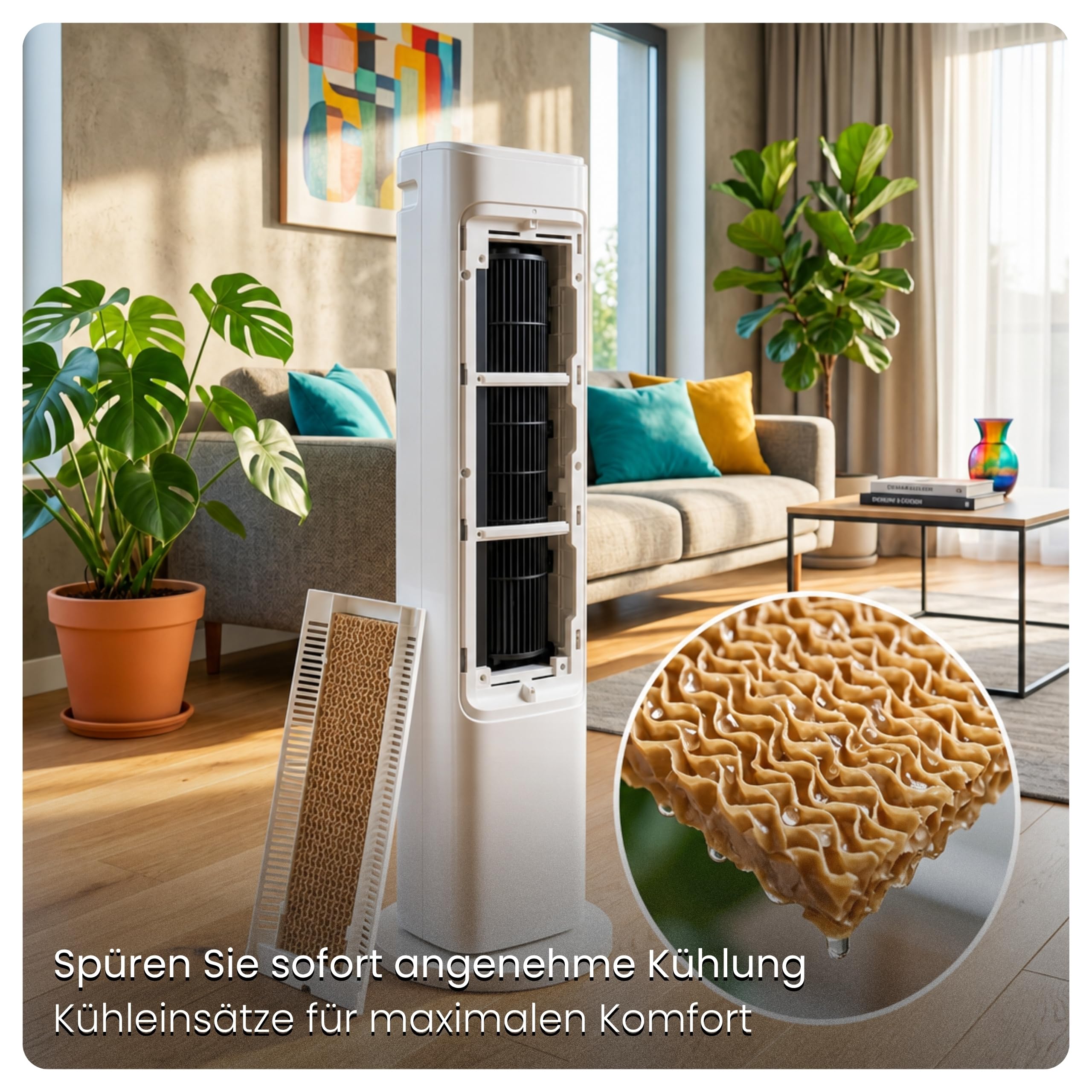 Ventilator mit Wasserkühlung CoolAir, WiFi, 5L, 2x Kühlakkus, 65W, Oszillation, Cooler Fan, Verdunstungskühler, Turmventilator mit Kühlung, Luftkühler, Standventilator, Raumkühler