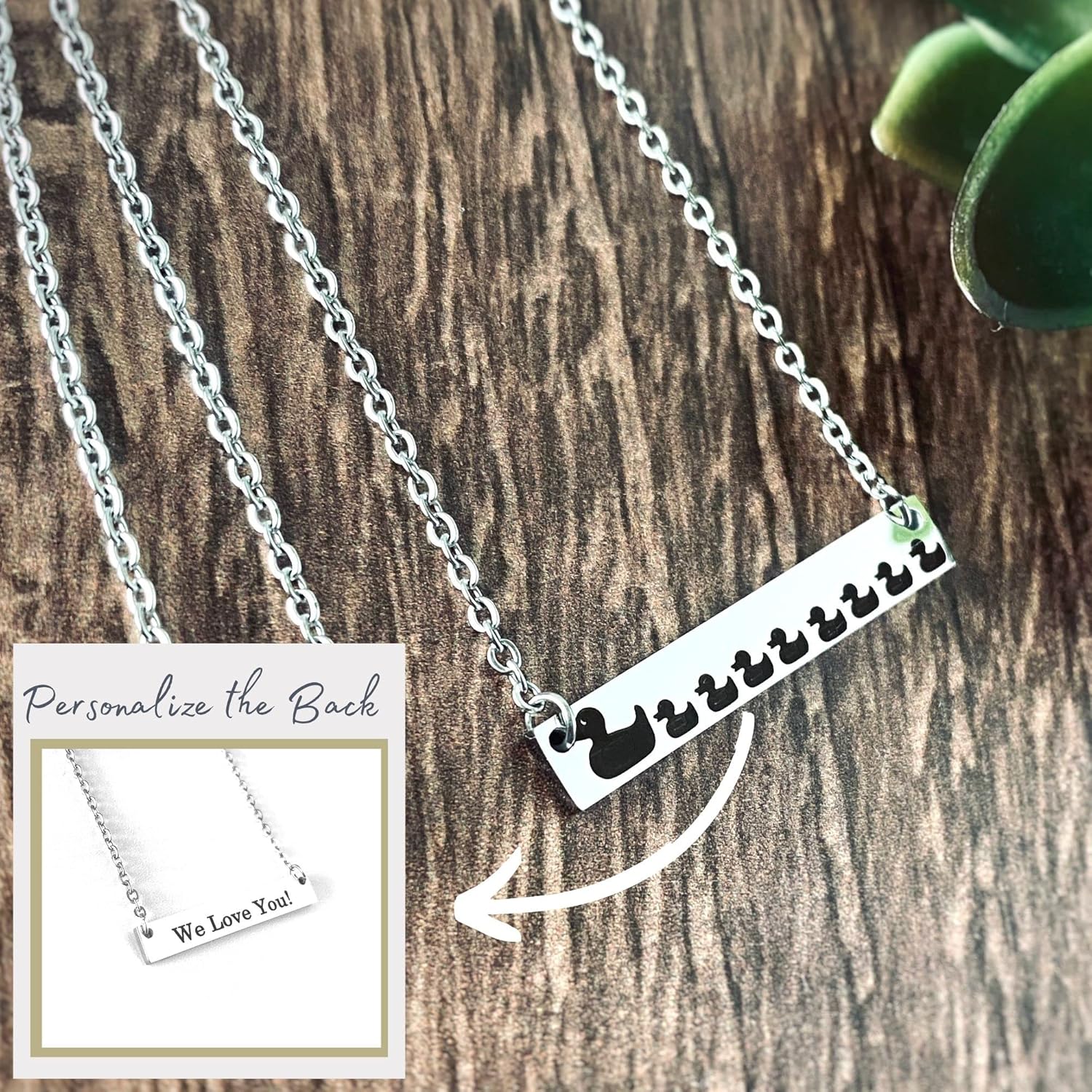 Mama Duck with Ducklings Jewelry for Women, Mother's Horizontal Bar Necklace, Silver, Rose Gold or Yellow Gold in 16, 18, or 20 inch