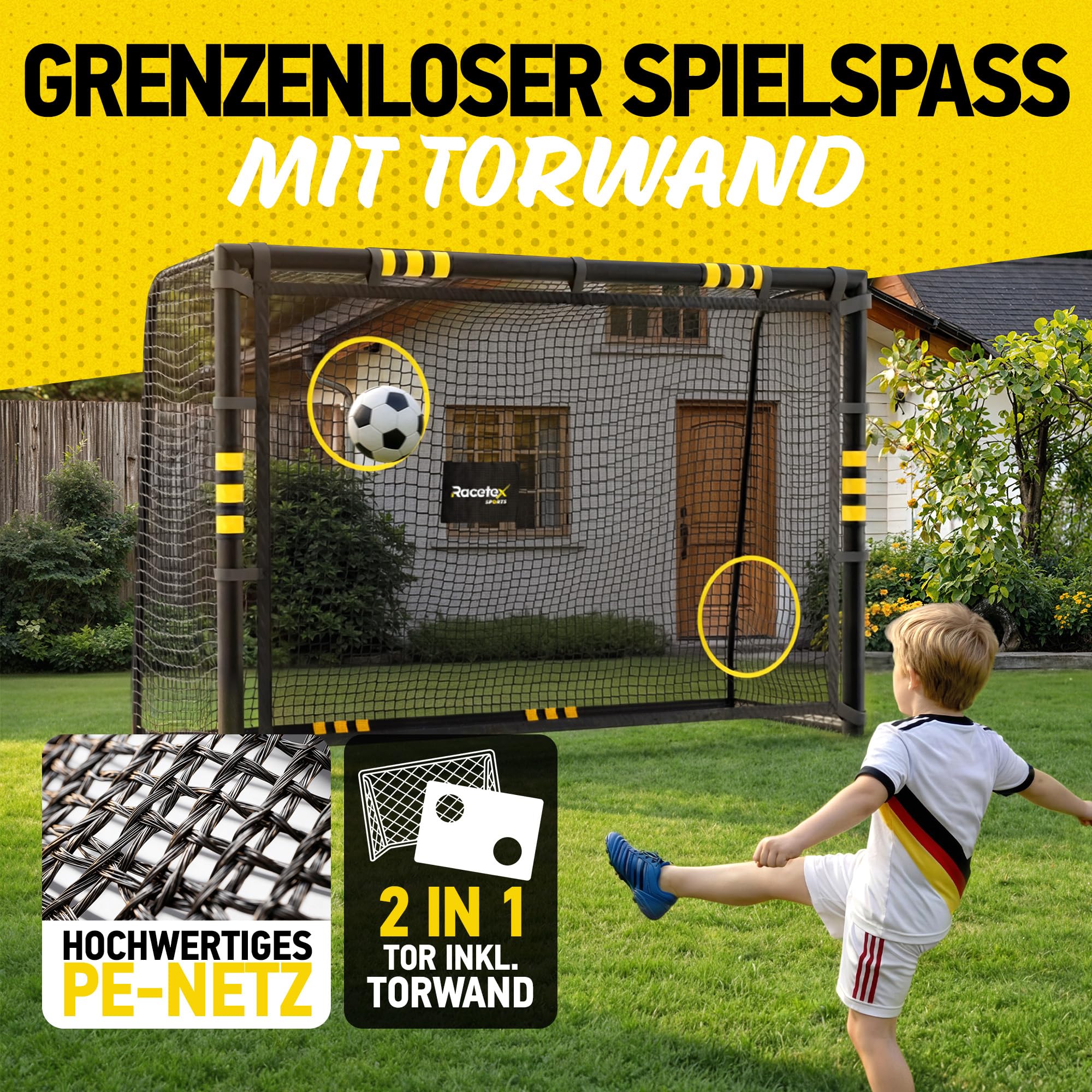 Racetex Fussballtore für Garten Kinder und Erwachsene mit [Anti-Rost Beschichtung] - Fußballtor Kinder inkl. Erdanker für optimalen Halt - Fußball Tor mit rundum Polsterung