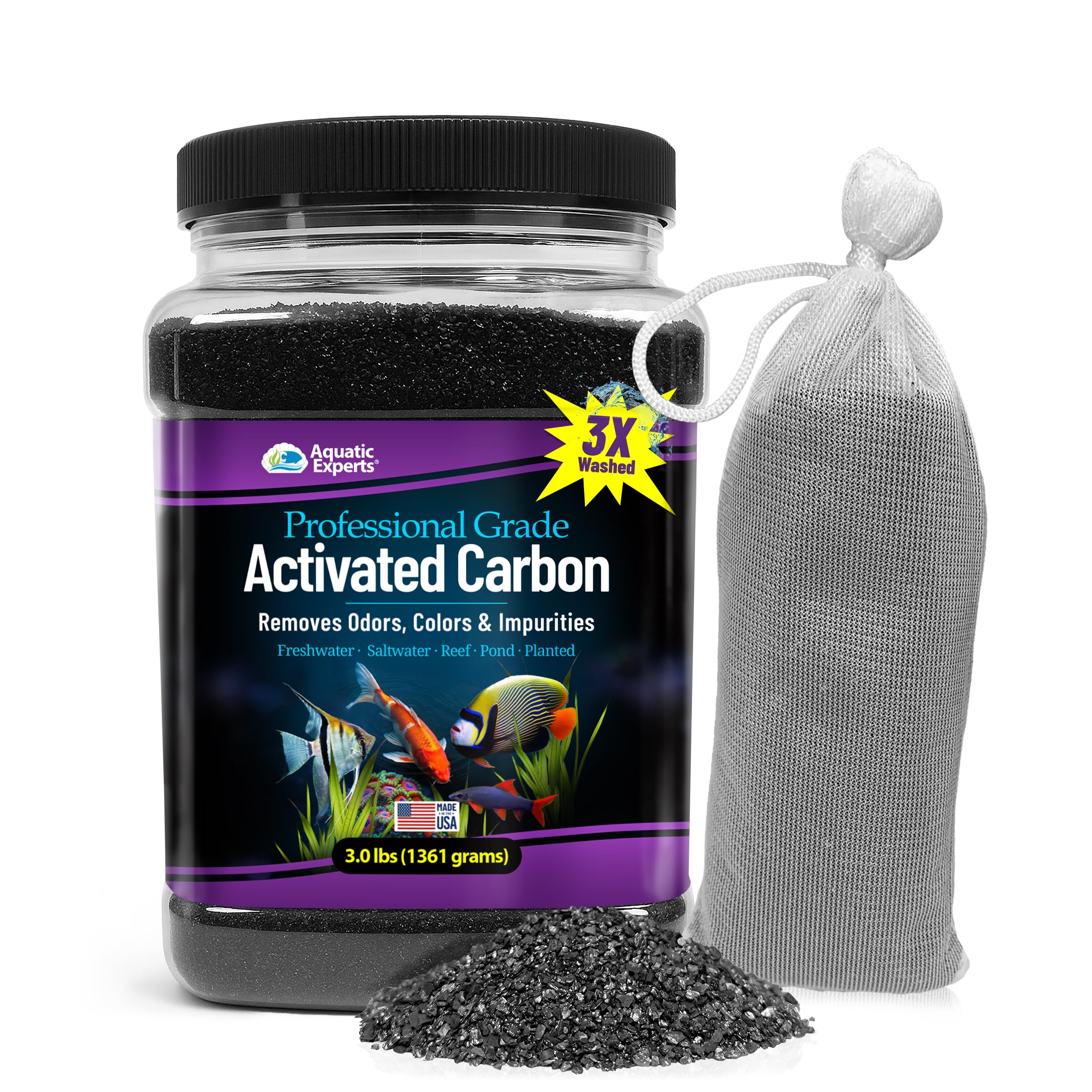 Premium Activated Carbon, Aquarium Carbon for Fish Tank Filter, Aquarium Filter Media, Granulated Charcoal for Fish Tanks, Activated Charcoal Bulk (3 lbs with Fine Mesh Bag)