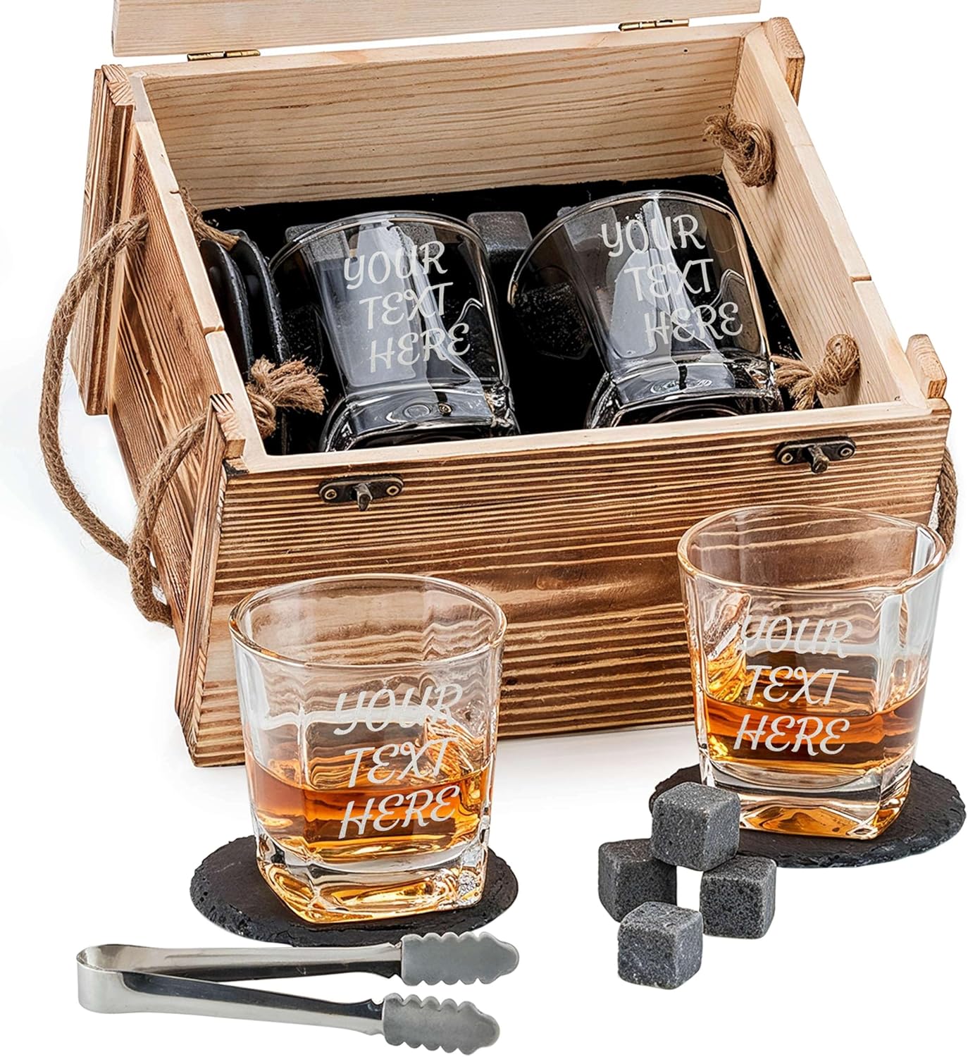Custom Logo & Text Whiskey Glass Gift Set 2 Glasses, 6 Granite Chilling Stones, Tongs & 2 Slate Coasters in Rustic Wood Crate – Scotch, Bourbon Lovers Gift for Men