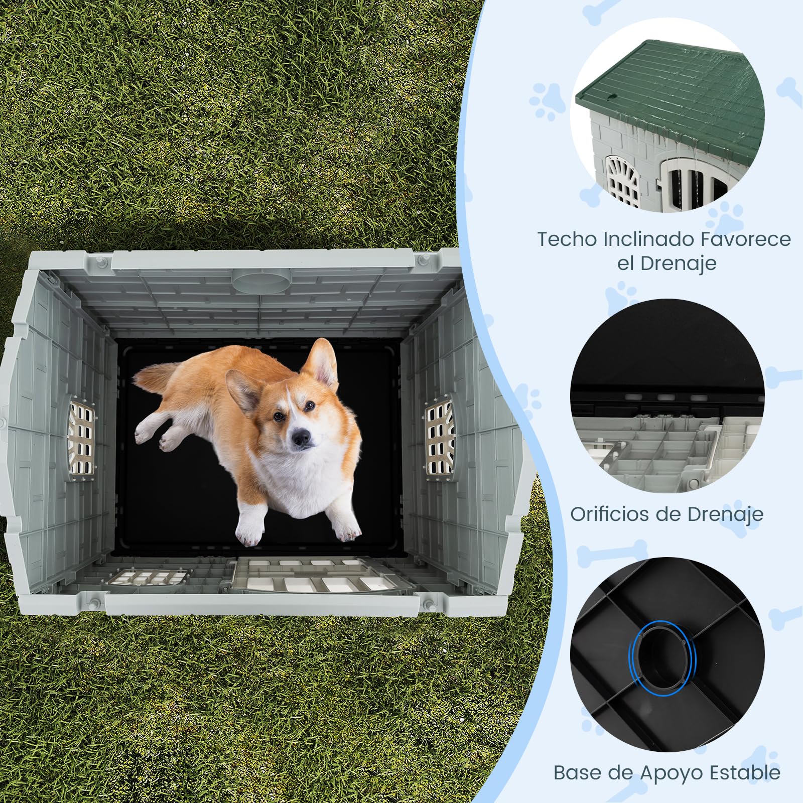 GOPLUS Caseta para Perros de Plástico Exterior Interior, Casa para Perro con Puerta con Cerradura, 3 Ventanas, Techo Inclinado, Jaula Decorativa para Cachorros Impermeable, 75 x 58 x 65 CM (Verde)