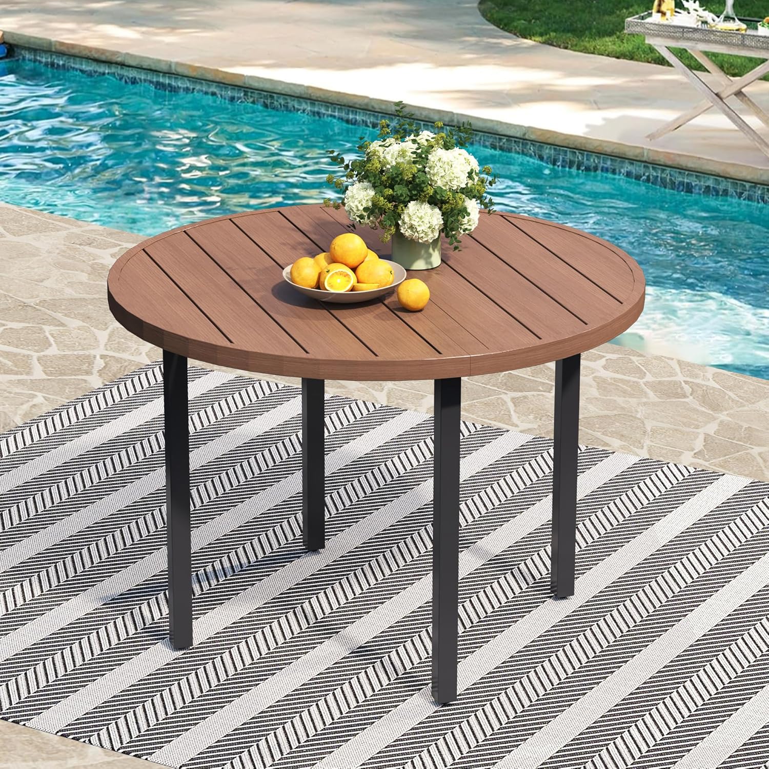 42" Round Outdoor Dining Table for 4, Metal Patio Dining Table with Umbrella Hole for Garden, Backyard and Deck, Walnut
