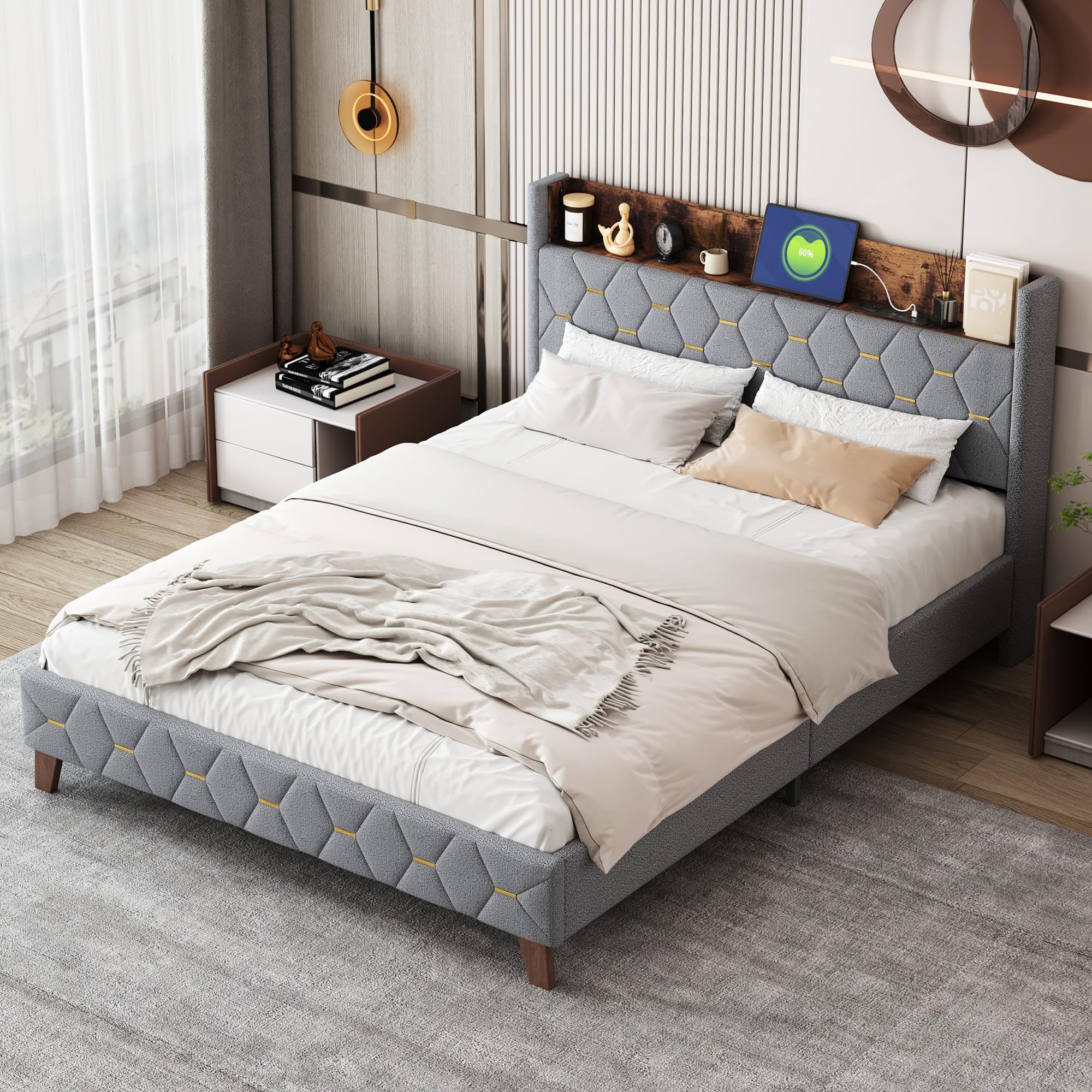 Letto Imbottito In Velluto 160x200 Cm – Rete A Doghe In Legno, Testiera Morbida, Struttura Stabile Fino A 300 Kg, Facile Montaggio (Grigio)
