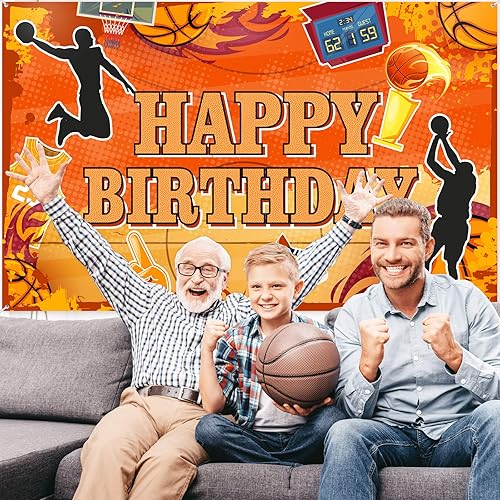 Miniatura 6 de Boao Cartel de fondo de baloncesto con texto en inglés «Happy Birthday» para niños, decoración de fiesta temática deportiva, suministros de fondo