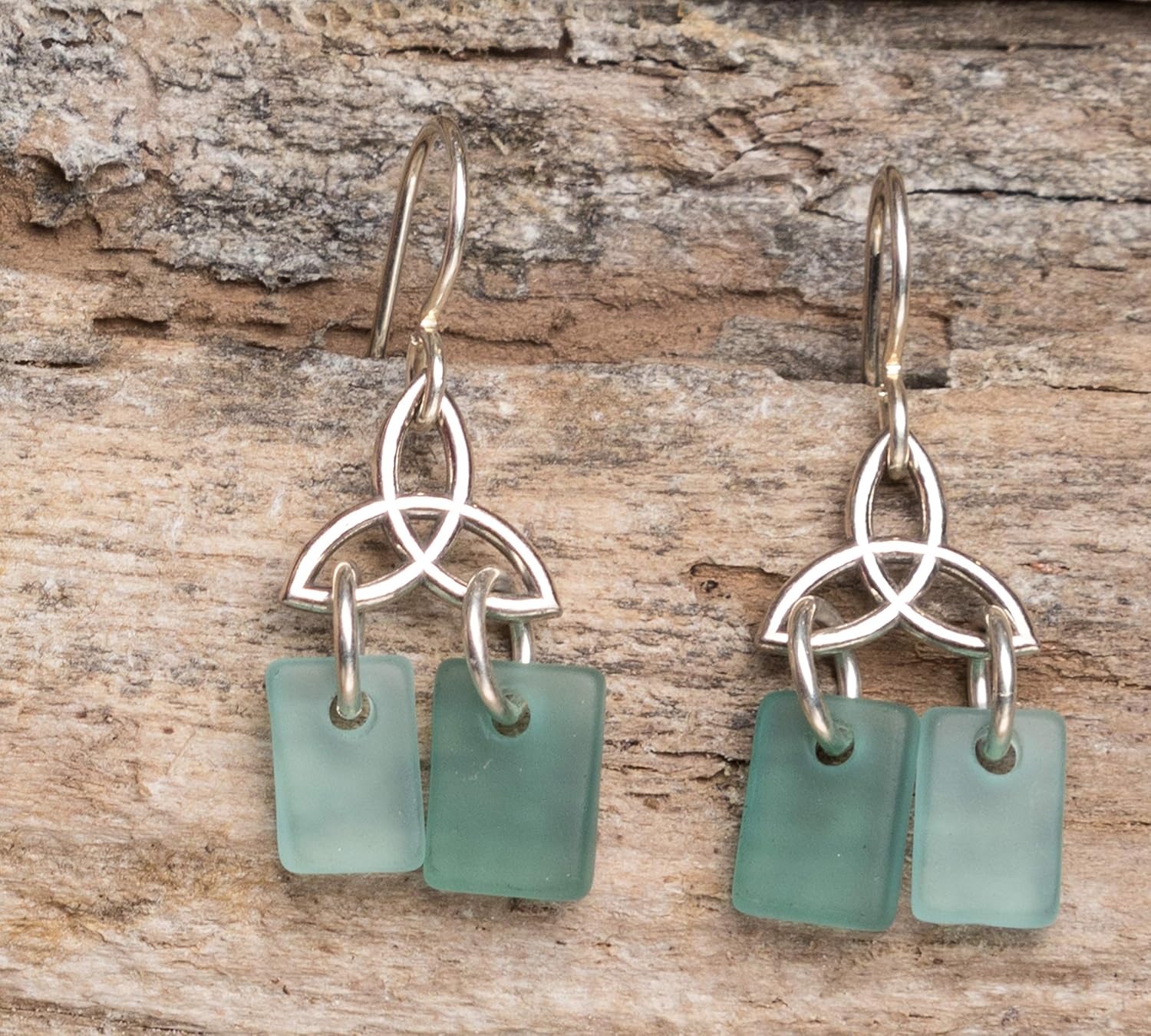 Sea Glass Celtic Knot Earrings - Sterling Drop Beach Earrings for Women by EcoSeaCo, using recycled and sustainable material. Handmade in the USA - Image 2