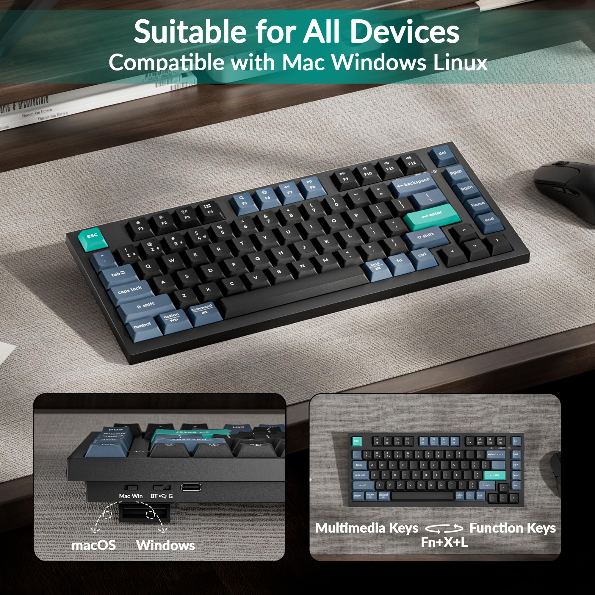 Keychron B31 Wireless Silent Keyboard, 75% Layout Quiet Typing Custom Programmable, 2.4 GHz/Bluetooth/Wired Ergonomic Support Compatible for Mac Windows Linux - Deep Black — view 7
