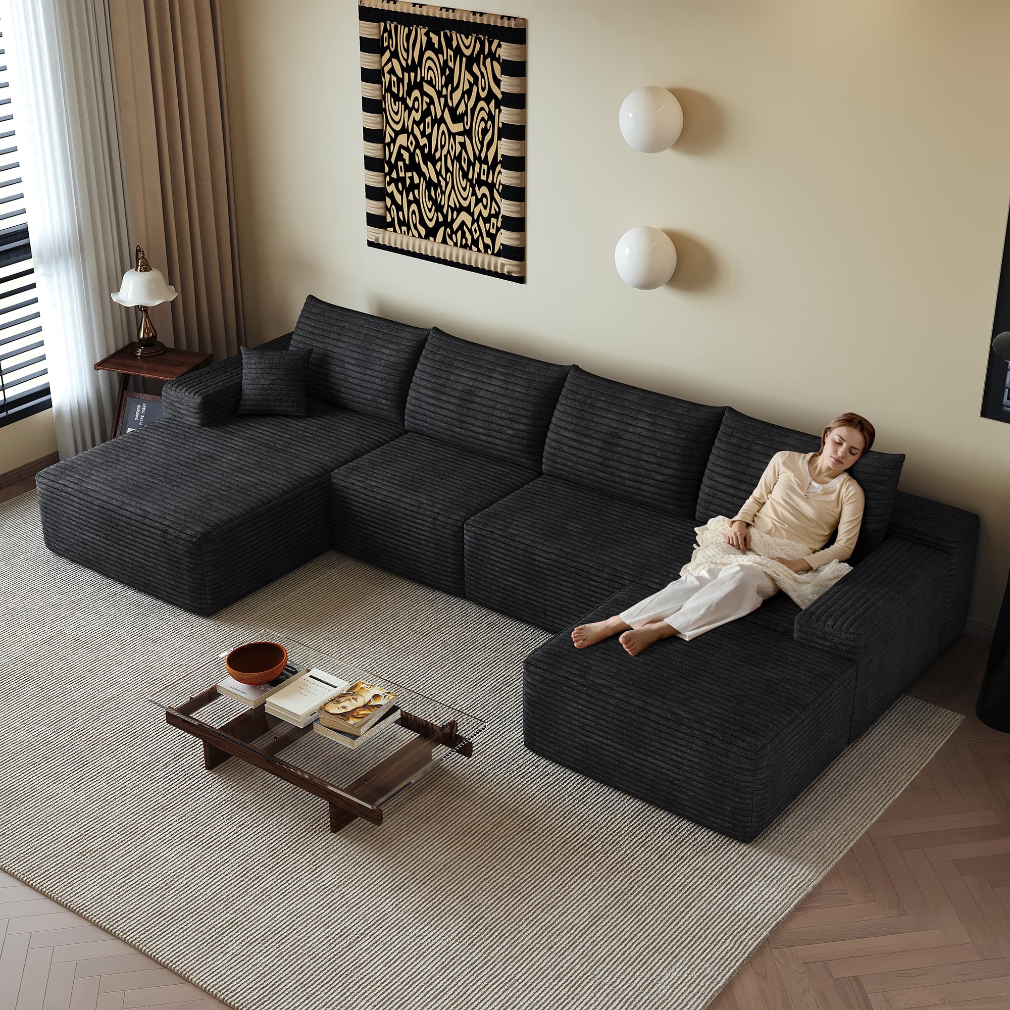 Canapé d'angle Modulable 340 Cm en L avec MéRidienne, Canapé Moderne à Assise Profonde,Livré Compressé,Aucun Assemblage Requis pour Salon,Chambre Et Appartement (Noir, Linke Chaiselongue+1 Ottomane)