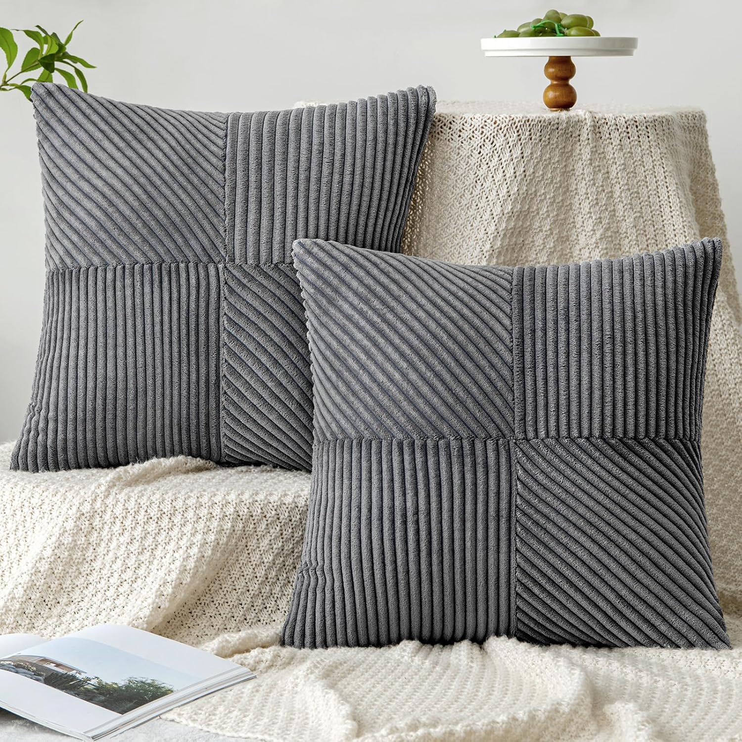MIULEE Cushion Cover 45 x 45 cm, Dark Grey Corduroy, Set of 2 Cushion