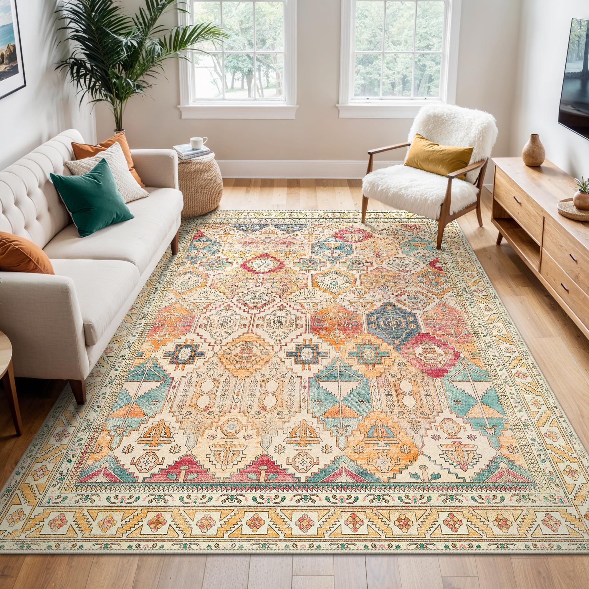 BEIMO 120x170cm Area Rugs for Bedroom,Vintage Boho Carpets for Living Room Non Slip Machine Washable Rug Short Low Pile Rug for Kitchen Dining, Hallway, Office-Orange โ image 1