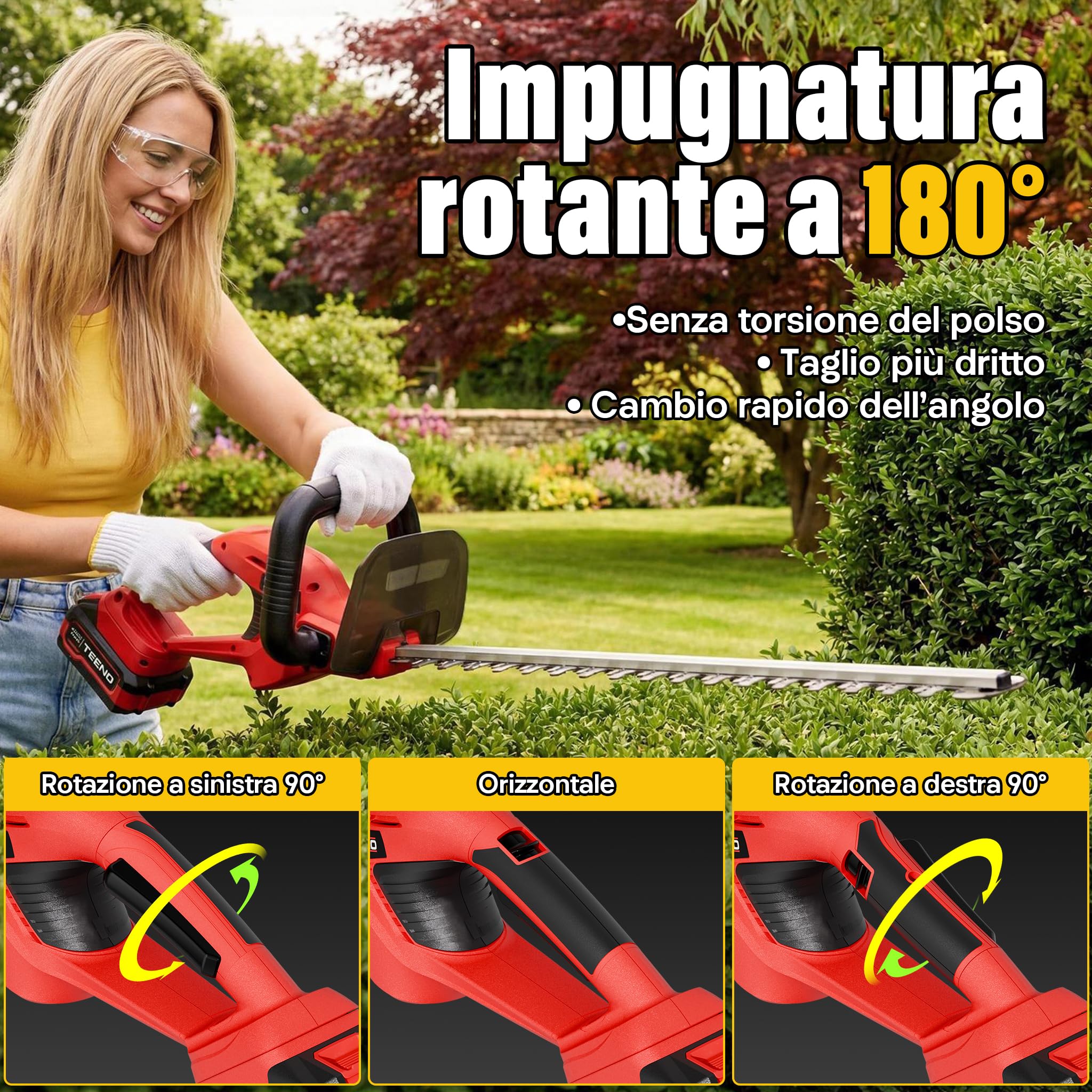 TEENO Tagliasiepi a Batteria 20 V: Tagliasiepi elettrico con 1 batteria 4000 mAh, lama 52 cm, taglio 16 mm, impugnatura girevole a 180°, per giardino, siepi, arbusti e cespugli