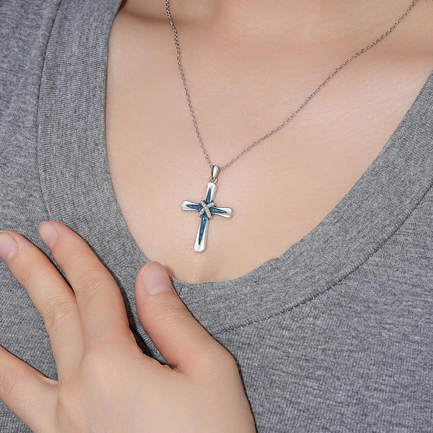 Cross Necklace for Women Sterling Silver Turquoise Jewelry Faith Goth Cross Pendant Western Religious Gifts Jerusalem Blue Crosses for Mother Daughter Birthday - Image 2