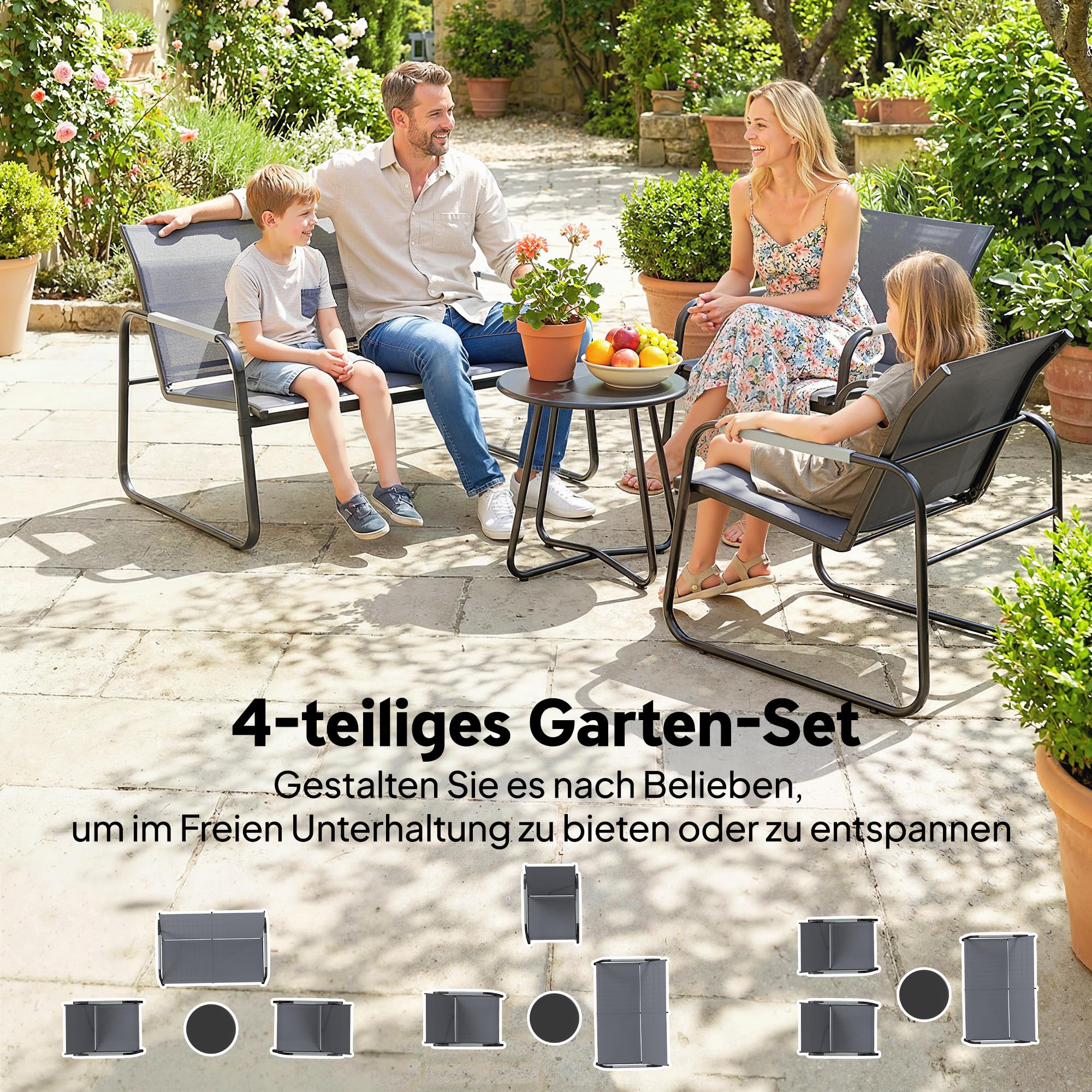 Outsunny Gartenmöbel Set Sitzgruppe für 4 Personen Atmungsaktiv Grau | 2er Sofa, 2 Sessel, Seilflecht, Rund Tisch, Fußpads, Wetterfest, Outdoor Balkonmöbel, Terrassenmöbel, für Garten Balkon