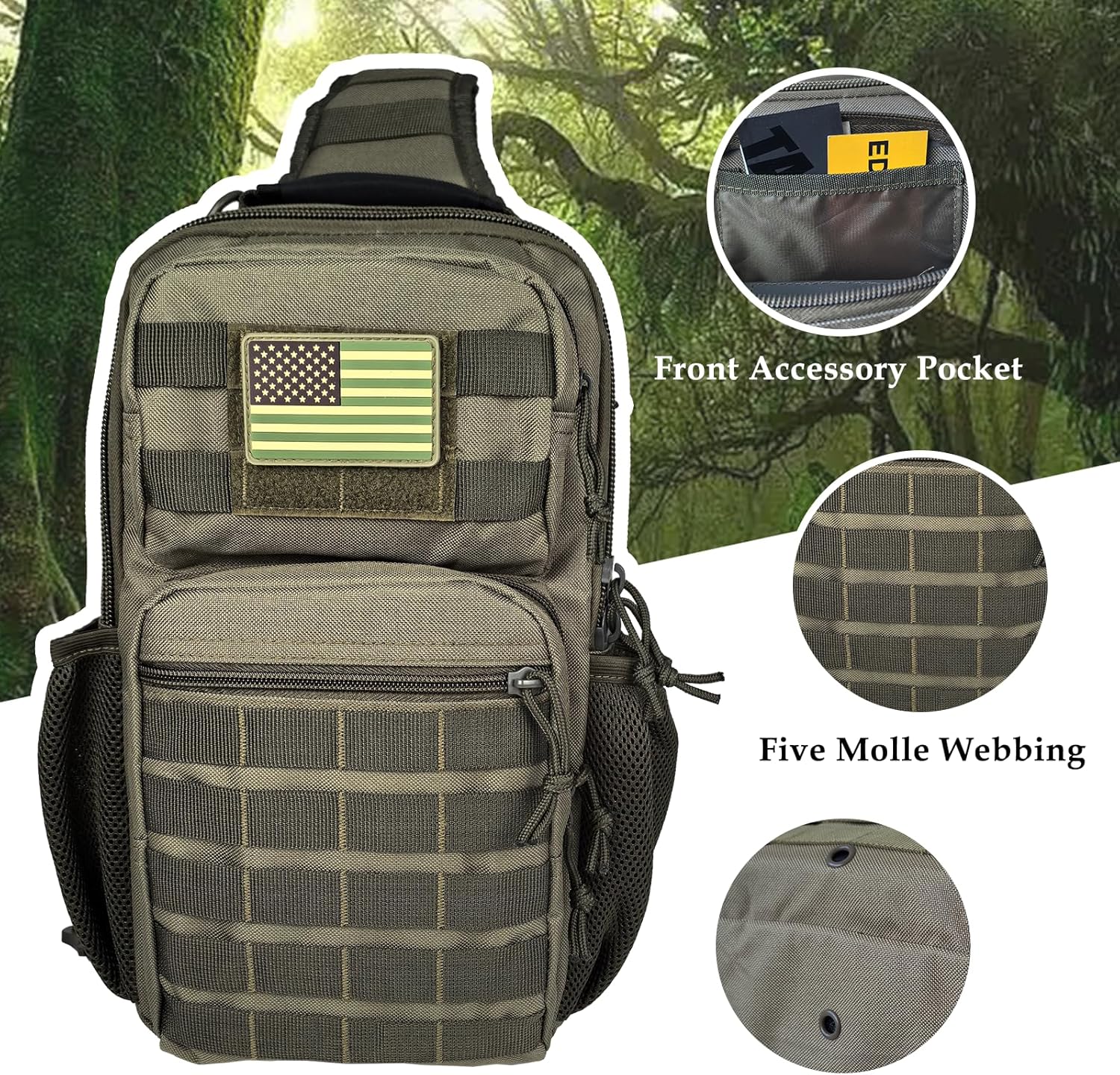 Tactical Shoulder Sling Bag, Small Chest Pack, 13L Backpack for Men Outdoor Sports, Olive