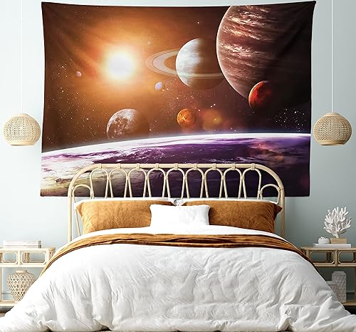 Miniatura 5 de Ambesonne Tapiz de galaxia, vista temática espacial de los planetas desde la Tierra, arte de sala de ciencia con sol y luna, decoración de tela para