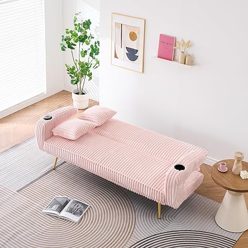 Miniatura 5 de Sofá cama convertible tapizado de pana con portavasos, sofá cama futón con 3 respaldos reclinables y almohadas, sofás modernos y cómodos para sala