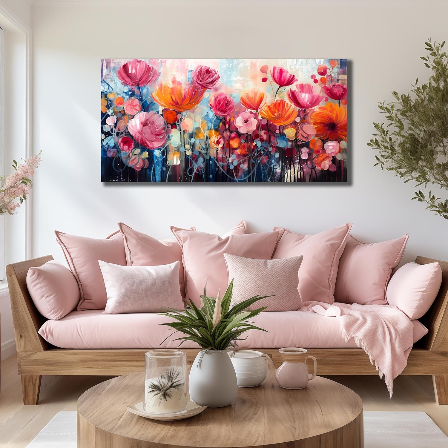 ENTANUB Flower Wall Art for Living Room, Pink Canvas Print Painting for Bedroom, Floral Picture Artwork, Large Size 48x24 Inches