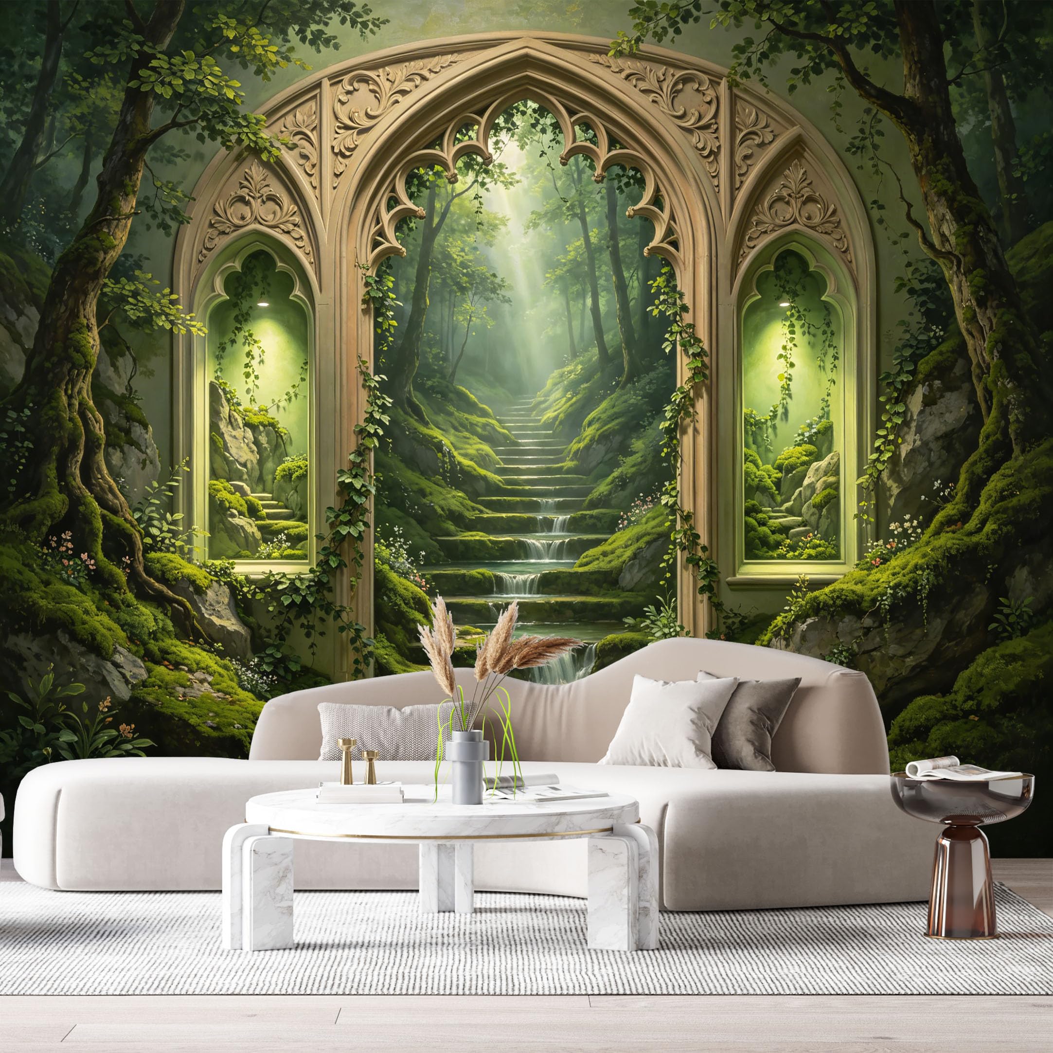 Custom Size Wall Murals Gothic Forest Landscape Stone Archway Watercolor 3D Trompe L'Oeil SelfAdhesiveWall Fabric Removable Wallpaper Wall Decor for Living Room Bedroom Bathroom