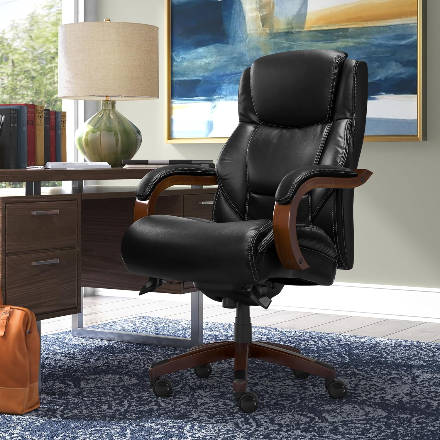 la-z-boy delano big and tall executive office chair - ergonomic lumbar support memory foam - bonded leather desk chair for home office - mahogany wood arms - black black with mahogany wood finish