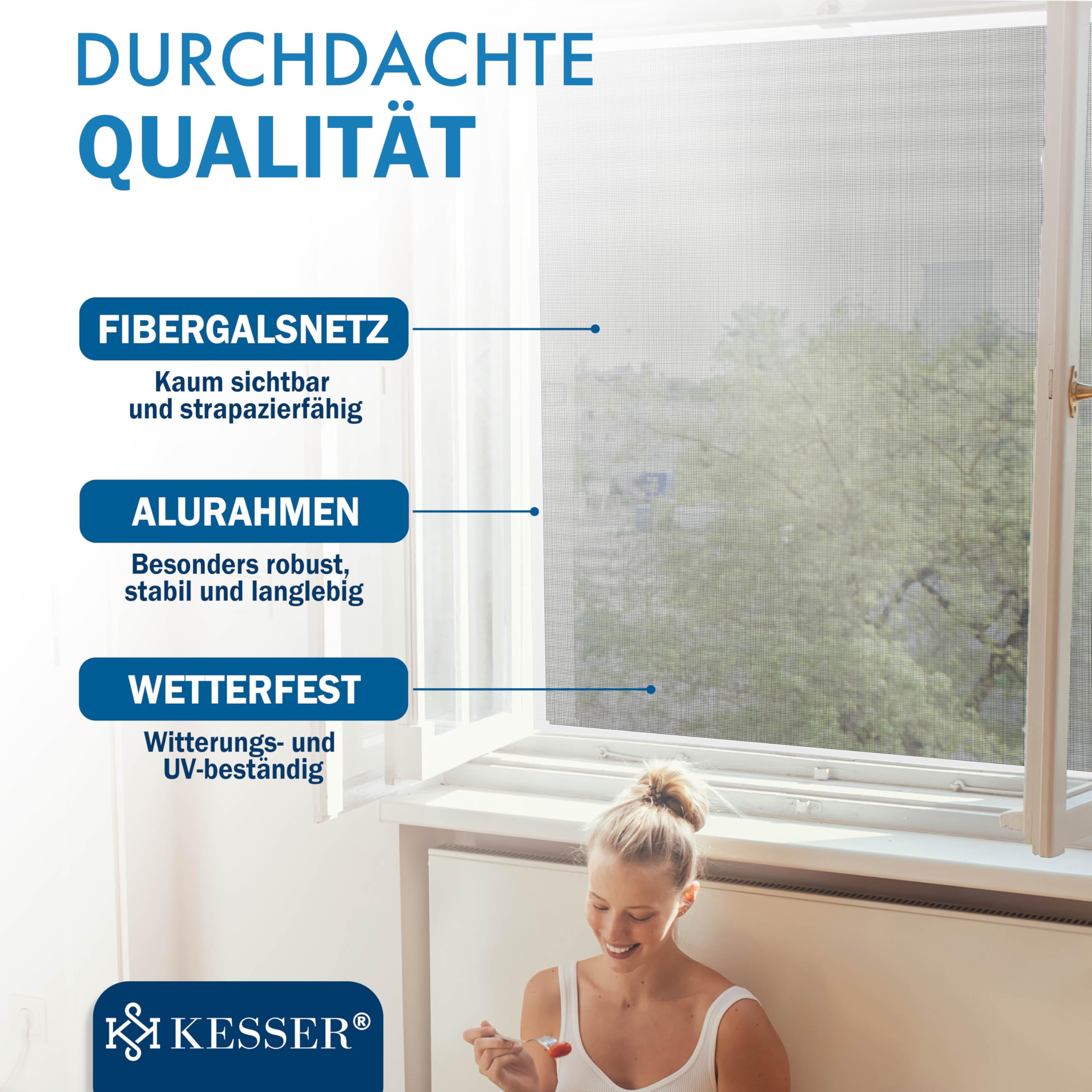 KESSER® Zanzariera per finestre con telaio in alluminio Zanzariera, Protezione dagli insetti, Zanzariera, Rete contro le zanzare, telaio di fissaggio, senza foratura e viti, 130 x 150 cm, Bianco