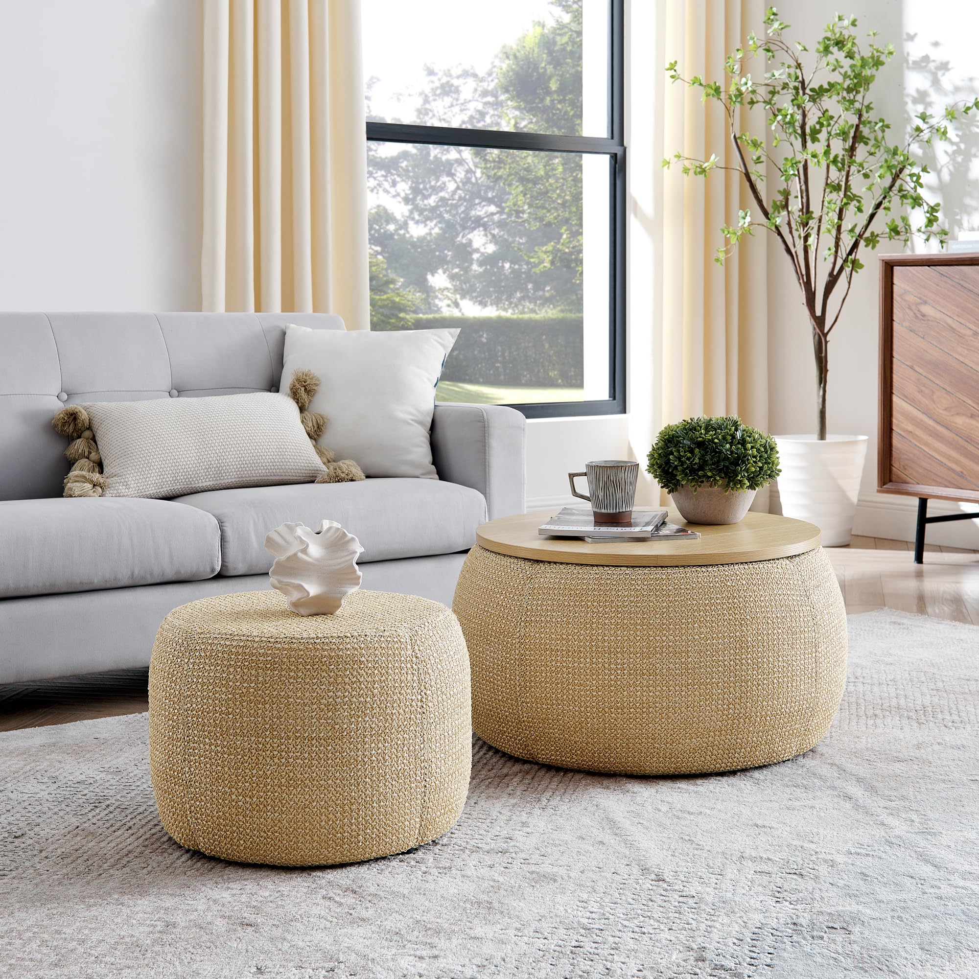 2-Piece Circular Woven Rattan Storage Ottoman, Equipped with Drum Shaped Stools, Storage Space, and MDF Tabletop Panel (Natural, 25"x25"x14.7")