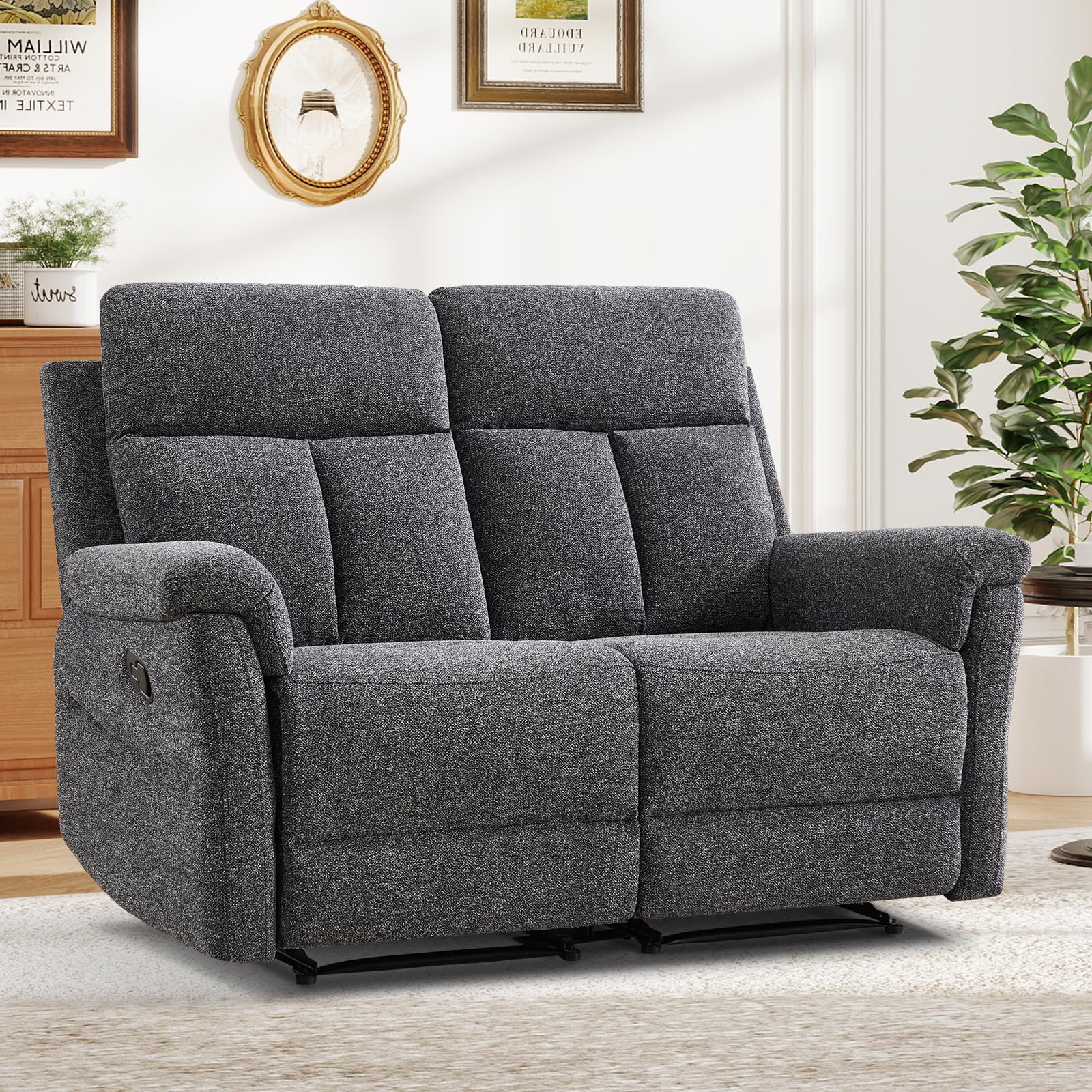ANJ Manual Reclining Loveseat, 2-Seat Recliner Sofa with Padded Arms and Supportive Backrest, Comfortable Fabric Reclining Couch for Living Room, Dark Grey