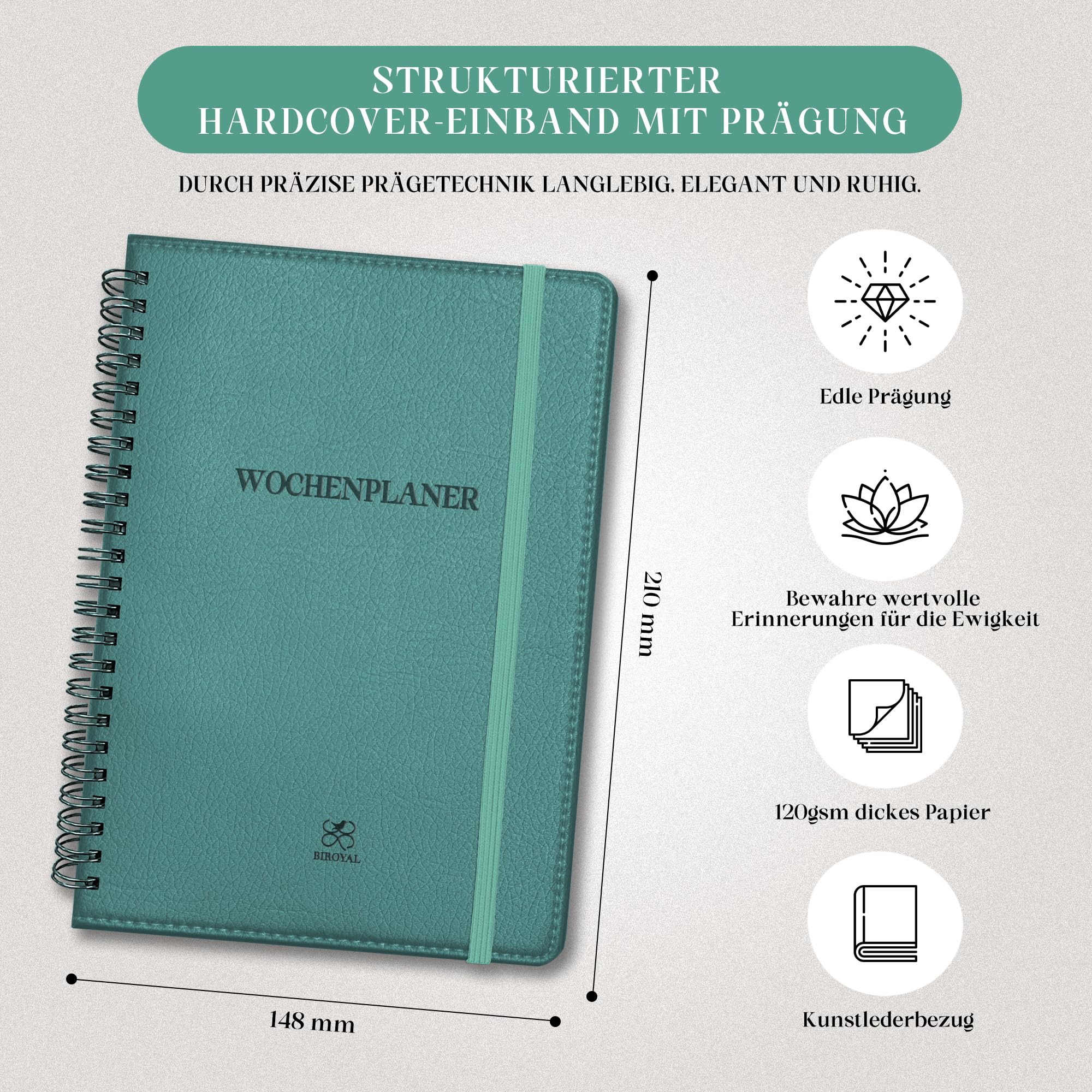 BIROYAL Weekly Planner in German with Hardcover Leather, Cyan - Image 3