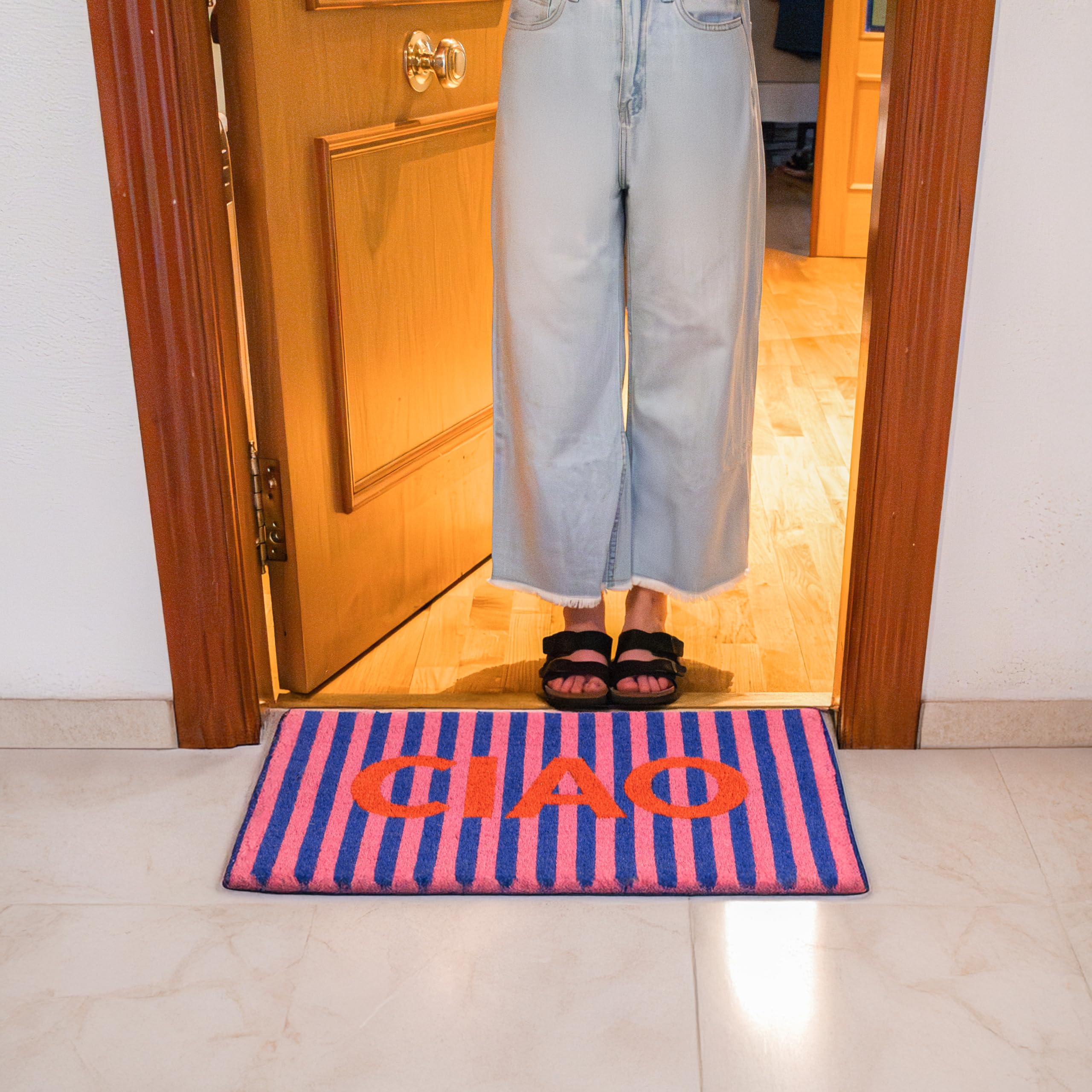 fisura. – Paillasson d'entrée Ciao en Fibre de Coco avec Base antidérapante en PVC. Tapis Original à Rayures Roses, Bleues et Rouges Peint à la Main. Dimensions : 70 cm x 40 cm