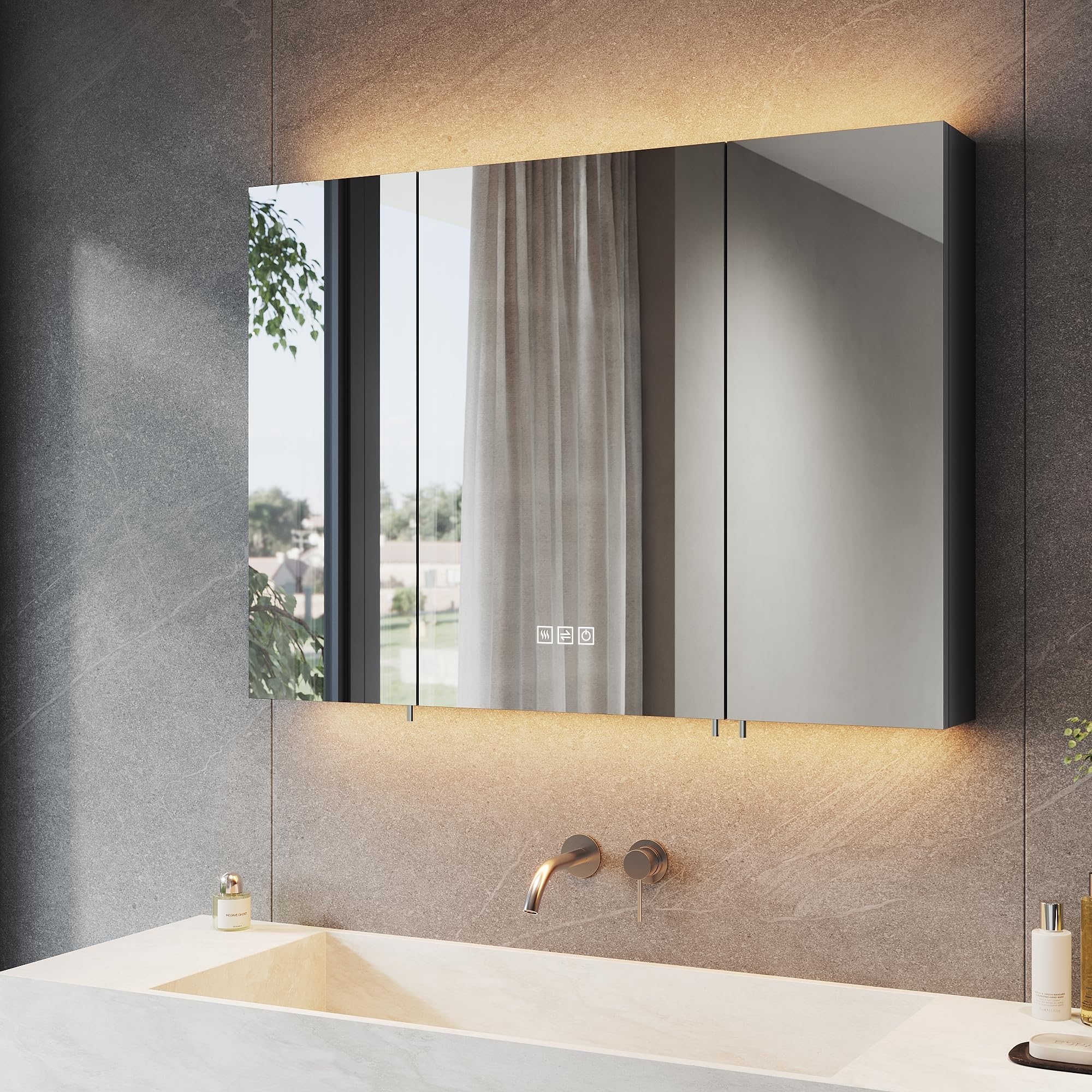 SONNI Armadietto a specchio da bagno con illuminazione e presa a 3 porte, con interruttore touch, 3 colori di luce regolabili, senza appannamento, per il bagno, 90 x 65 cm, nero opaco