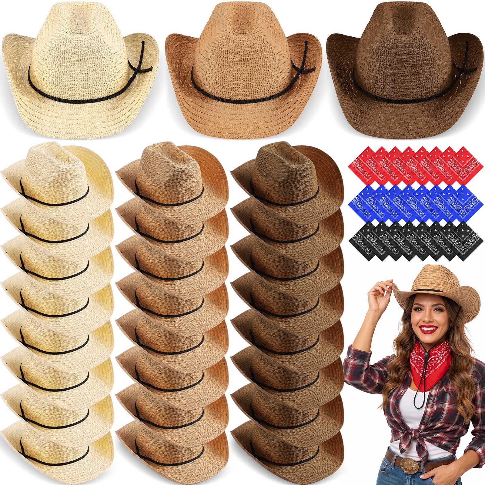 Coume 48 Pcs Cowboy Hats and Bandanas Bulk Set