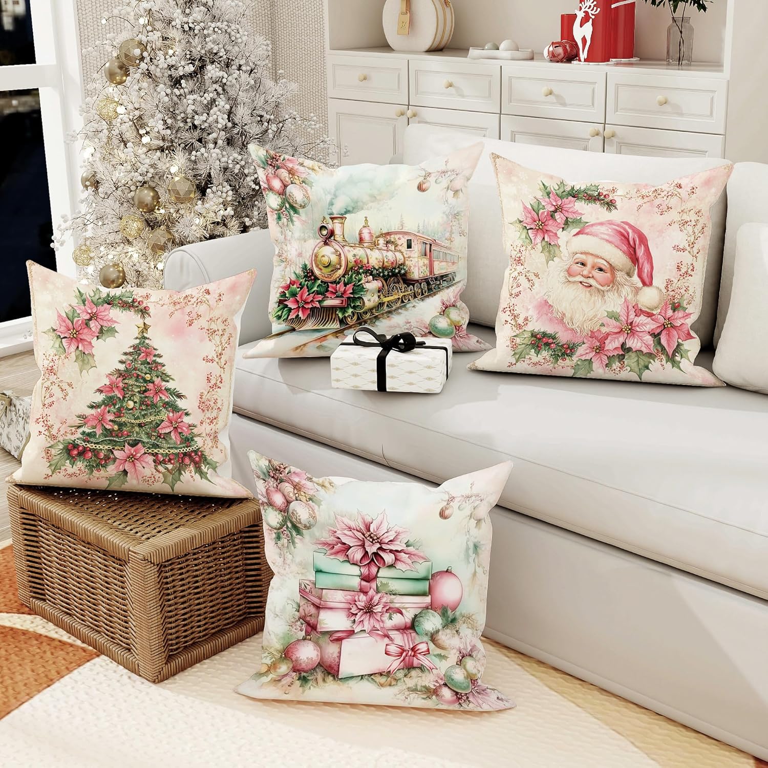 Christmas Pillow Covers Set of 4, Festive Red and Green Holiday Decorative Throw Cushion Cases for Sofa Bed Couch, Vintage Style Home Decor 20x20 Inch