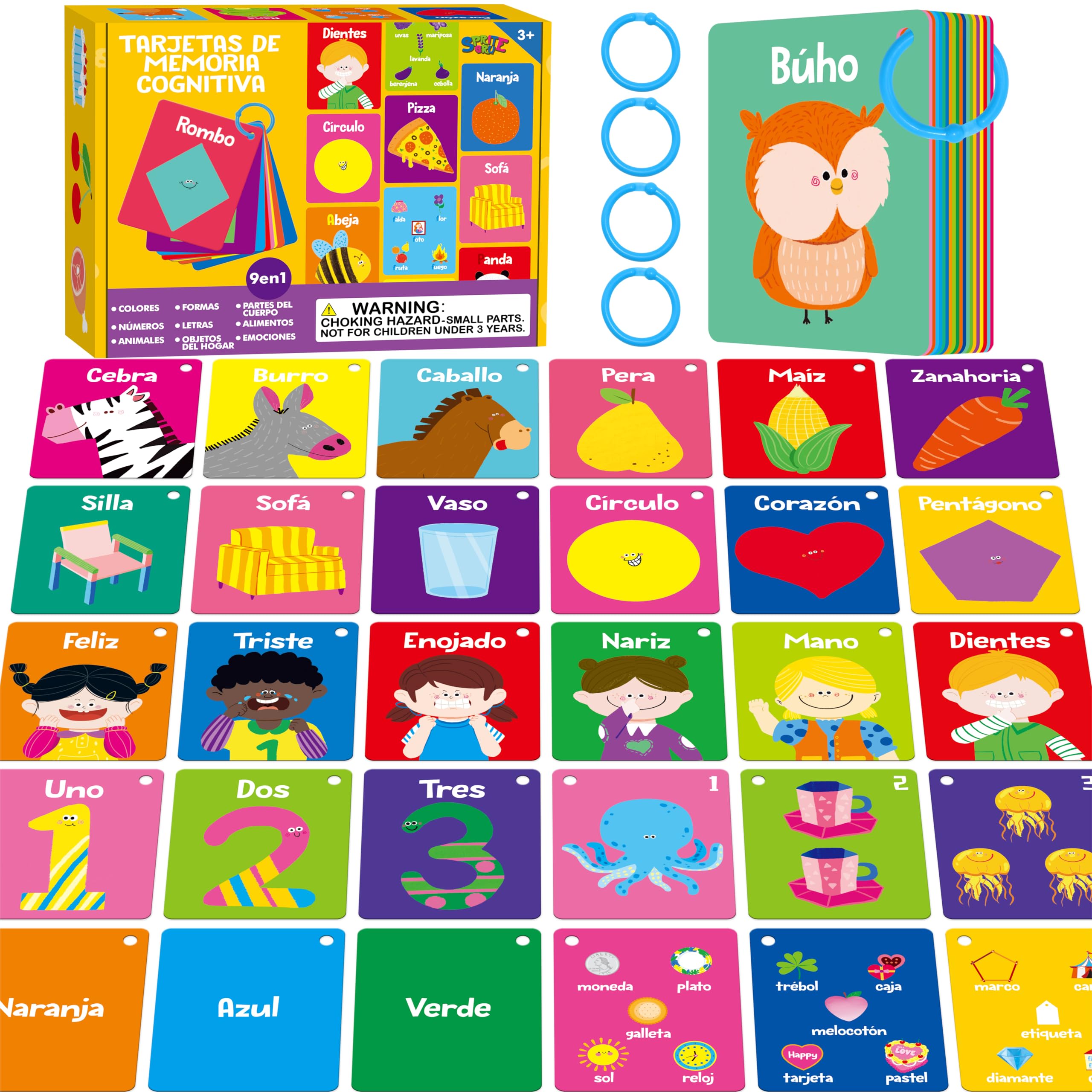 110 PCS Early Learning Flashcards, Double-sided Spanish Cards- Alphabet, Numbers, Foods, Animals, Shapes, Colors, Emotions with 4 Reclosable Rings, Learning Tool for Pre-K Kindergarten Toddlers