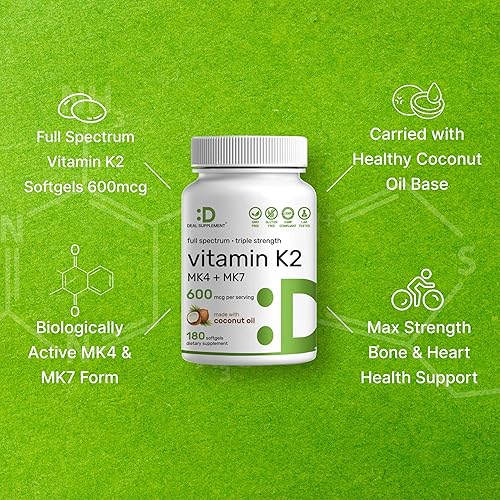 Miniatura 4 de DEAL SUPPLEMENT Suplemento de vitamina K2 de 600 mcg, 180 cápsulas blandas de aceite de coco | Formas MK-7 y MK-4 de alta absorción de espectro