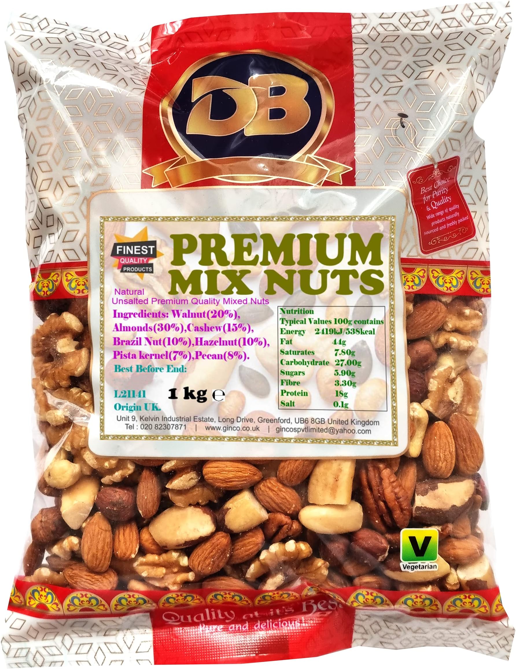 Premium Mixed Nuts 1kg, Unsalted Mix Nuts Including Walnuts, Almonds, Cashew Nuts, Brazil Nuts, Hazelnuts, Pistachio Kernels, Pecan Nuts Suitable for Vegetarian Diets