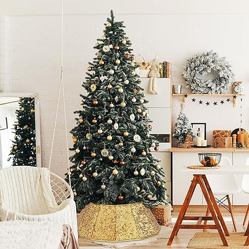 Miniatura 7 de Blissun Collar de árbol de Navidad, falda de árbol de Navidad con lentejuelas, anillo plegable para árbol de Navidad, cubierta de base para árbol de