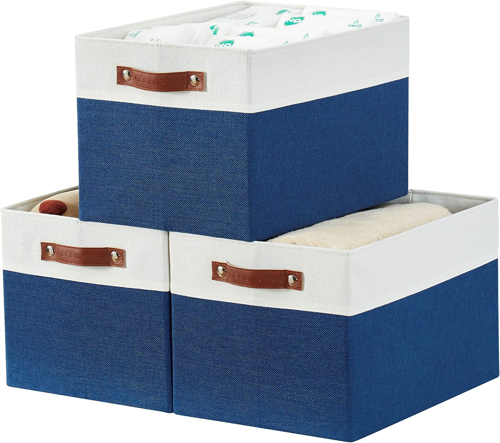 DECOMOMO Baskets for Organizing Large Storage Bins 3 Pack Storage Basket Closet Organizer Bins Baskets for Shelves Nursery Toy Bedroom Living Room Office (Navy Blue & White)