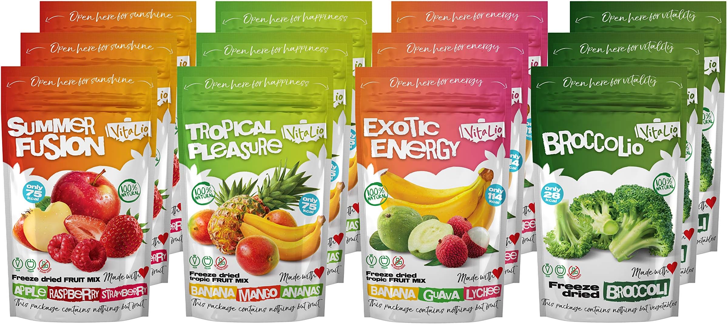 Freeze-Dried Fruit and Vegetable Mix by VitaLio – 3 Summer Fusion, 3 Tropical Pleasure, 3 Exotic Energy, 3 Broccolio – Healthy Fruit and Vegetable Snacks – (9x20g + 3x10g)