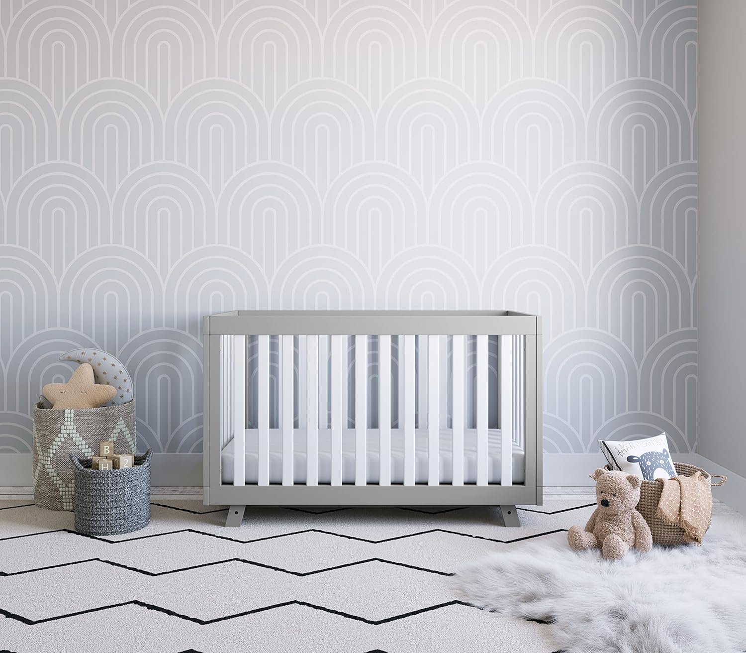 STORK CRAFT Beckett 3-in-1 Convertible Crib (Pebble Gray with White Slats) – GREENGUARD Gold Certified, Fits Standard Crib Mattress, Converts to Toddler Bed and Daybed, 4 Adjustable Mattress Heights,