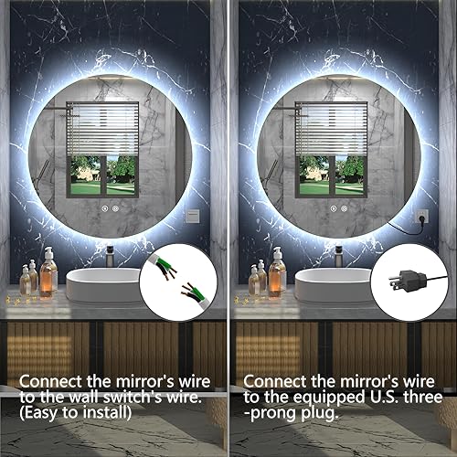 Miniatura 6 de Espejo redondo LED de 24 pulgadas, espejo de baño retroiluminado, espejo redondo con luz, espejo circular para baño, espejo de tocador con luz,