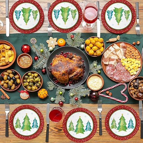 Miniatura 7 de ZOIIWA 48 platos de papel coloridos para árbol de Navidad, platos de árbol de Navidad con punto rojo y verde, desechables, decoraciones de mesa de